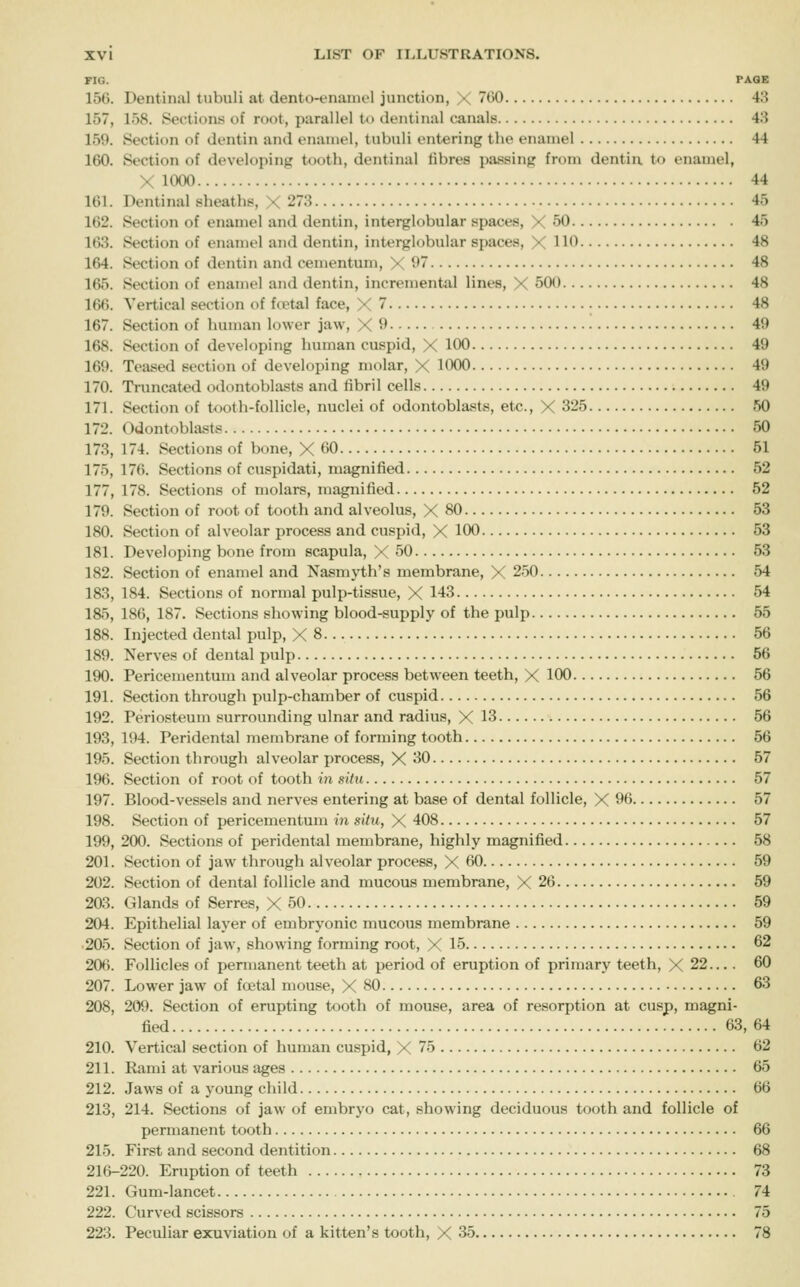FIG. PAGE 156. Dentinal tubuli at dento-enamel junction, X (50 43 157, 158. Sections of root, parallel to dentinal canals 43 159. Section of dentin and enamel, tubuli entering the enamel 44 160. Section of developing tooth, dentinal fibres passing from dentin to enamel, X 1000 44 161. Dentinal sheaths, X 273 45 162. Section of enamel and dentin, interglobular spaces, X 50 45 163. Section of enamel and dentin, interglobular spaces, X 110 48 164. Section of dentin and cementum, X 97 48 165. Section of enamel and dentin, incremental lines, X 500 48 166. Vertical section of fcetal face, X 7 48 167. Section of human lower jaw, X 9 49 168. Section of developing human cuspid, X 100 49 169. Teased section of developing molar, X 1000 49 170. Truncated odontobhvsts and fibril cells 49 171. Section of tooth-follicle, nuclei of odontoblasts, etc., X 325 50 172. Odontoblasts 50 173. 174. Sections of bone, X 60 51 175, 176. Sections of cuspidati, magnified 52 177, 178. Sections of molars, magnified 52 179. Section of root of tooth and alveolus, X 80 53 180. Section of alveolar process and cuspid, X 100 53 181. Developing bone from scapula, X 50 53 182. Section of enamel and Nasmyth's membrane, X 250 54 183. 184. Sections of normal pulp-tissue, X 143 54 185, 186, 187. Sections showing blood-supply of the pulp 55 188. Injected dental pulp, X 8 56 189. Nerves of dental pulp 56 190. Pericementum and alveolar process between teeth, X 100 56 191. Section through pulp-chamber of cuspid 56 192. Periosteum surrounding ulnar and radius, X 13 56 193. 194. Peridental membrane of forming tooth 56 195. Section through alveolar process, X 30 57 196. Section of root of tooth in sihi 57 197. Blood-vessels and nerves entering at base of dental follicle, X 96 57 198. Section of pericementum in situ, X 408 57 199. 200. Sections of peridental membrane, highly magnified 58 201. Section of jaw through alveolar process, X 60 59 202. Section of dental follicle and mucous membrane, X 26 59 203. Glands of Serres, X 50 59 204. Epithelial layer of embryonic mucous membrane 59 •205. Section of jaw, showing forming root, X 15 62 20(n. Follicles of permanent teeth at period of eruption of primary teeth, X 22.... 60 207. Lower jaw of foetal mouse, X 80 63 208, 209. Section of erupting tooth of mouse, area of resorption at cusp, magni- fied 63, 64 210. Vertical section of human cuspid, X 75 62 211. Rami at various ages 65 212. Jaws of a young child 66 213. 214. Sections of jaw of embryo cat, showing deciduous tooth and follicle of permanent tooth 66 215. First and second dentition 68 216-220. Eruption of teeth 73 221. Gum-lancet 74 222. Curved scissors 75 223. Peculiar exuviation of a kitten's tooth, X 35 78