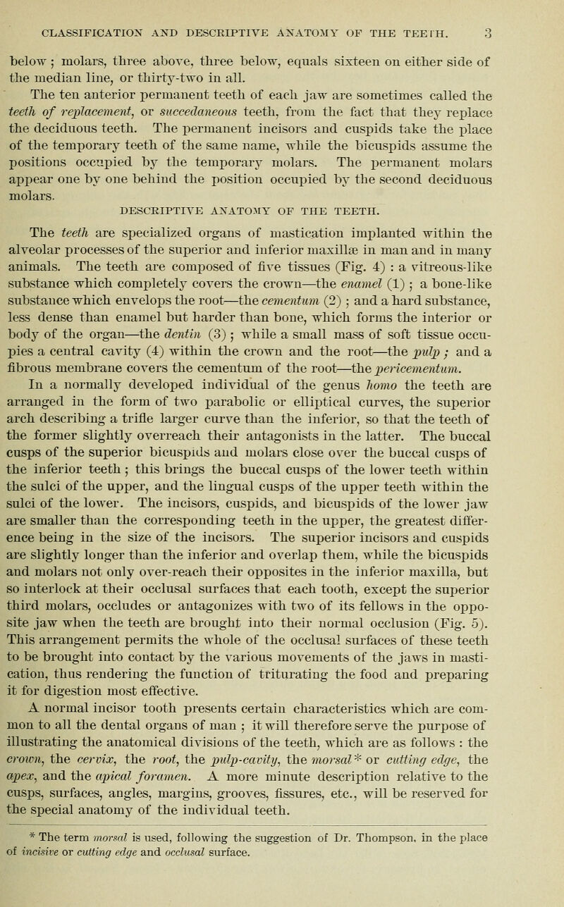 below ; molars, three above, three below, equals sixteen on either side of the median line, or thirty-two in all. The ten anterior permanent teeth of each jaw are sometimes called the teeth of replacement, or succedaneous teeth, from the fact that they replace the deciduous teeth. The permanent incisors and cuspids take the place of the temporary teeth, of the same name, while the bicuspids assume the positions occupied by the temporary molars. The permanent molars appear one by one behind the position occupied by the second deciduous molars. DESCRIPTIVE ANATOMY OF THE TEETH. The teeth are specialized organs of mastication implanted within the alveolar processes of the superior and inferior maxillte in man and in many animals. The teeth are composed of five tissues (Fig. 4) : a vitreous-like substance which completely covers the crown—the enamel (1) ; a bone-like substance which envelops the root—the cementum (2) ; and a hard substance, less dense than enamel but harder than bone, which forms the interior or body of the organ—the dentin (3) ,• while a small mass of soft tissue occu- pies a central cavity (4) within the crown and the root—the pidp ; and a fibrous membrane covers the cementum of the root—the pericementum. In a normally developed individual of the genus homo the teeth are arranged in the form of two parabolic or elliptical curves, the superior arch describing a trifle larger curve than the inferior, so that the teeth of the former slightly overreach their antagonists in the latter. The buccal cusps of the superior bicuspids and molars close over the buccal cusps of the inferior teeth ; this brings the buccal cusps of the lower teeth within the sulci of the upper, and the lingual cusps of the upper teeth within the sulci of the lower. The incisors, cuspids, and bicuspids of the lower jaw are smaller than the corresponding teeth in the upper, the greatest differ- ence being in the size of the incisors. The superior incisors and cuspids are slightly longer than the inferior and overlap them, while the bicuspids and molars not only over-reach their opposites in the inferior maxilla, but so interlock at their occlusal surfaces that each tooth, except the superior third molars, occludes or antagonizes with two of its fellows in the oppo- site jaw when the teeth are brought into their normal occlusion (Fig. 5j. This arrangement permits the whole of the occlusal surfaces of these teeth to be brought into contact by the various movements of the jaws in masti- cation, thus rendering the function of triturating the food and preparing it for digestion most effective. A normal incisor tooth presents certain characteristics which are com- mon to all the dental organs of man ; it will therefore serve the purpose of illustrating the anatomical divisions of the teeth, which are as follows : the crown, the cervix, the root, the pulp-cavity, the morsal * or cutting edge, the apex, and the apical foramen. A more minute description relative to the cusps, surfaces, angles, margins, grooves, fissures, etc., will be reserved for the special anatomy of the individual teeth. * The term morsal is used, following the suggestion of Dr. Thompson, in the place of incisive or cutting edge and occlusal surface.