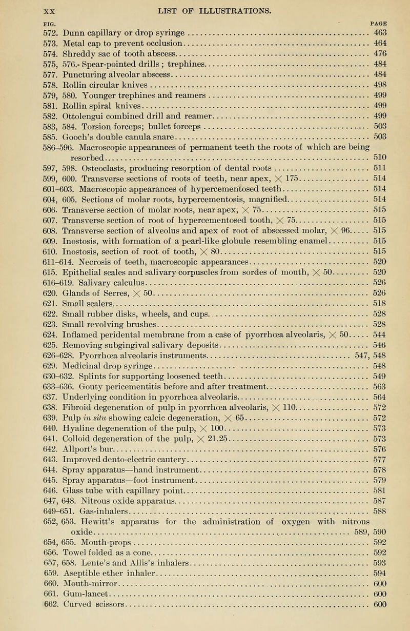 FIG. PAGE 572. Dunn capillary or drop syringe 463 573. Metal cap to prevent occlusion 464 574. Shreddy sac of tooth abscess 476 575. 576.* Spear-pointed drills ; trephines 484 577. Puncturing alveolar abscess 484 578. Rollin circular knives 498 579. 580. Younger trephines and reamers 499 581. Eollin spiral knives 499 582. Ottolengui combined drill and reamer 499 583. 584. Torsion forceps; bullet forceps 503 585. Gooch's double canula snare 503 586-596. Macroscopic appearances of permanent teeth the roots of which are being resorbed 510 597, 598. Osteoclasts, producing resorption of dental roots 511 599, 600. Transverse sections of roots of teeth, near apex, X 175 514 601-603. Macroscopic appearances of hypercementosed teeth 514 604, 605. Sections of molar roots, hypercementosis, magnified 514 606. Transverse section of molar roots, near apex, X 75 515 607. Transverse section of root of hypercementosed tooth, X 75 515 608. Transverse section of alveolus and apex of root of abscessed molar, X 96 515 609. Inostosis, with formation of a pearl-like globule resembling enamel 515 610. Inostosis, section of root of tooth, X 80 515 611-614. Necrosis of teeth, macroscopic appearances 520 615. Epithelial scales and salivary corpuscles from sordes of mouth, X 50 520 616-619. Salivary calculus 526 620. Glands of Serres, X 50 526 621. Small scalers 518 622. Small rubber disks, wheels, and cups 528 623. Small revolving brushes 528 624. Inflamed peridental membrane from a cage of pyorrhoea alveolaris, X 50 544 625. Removing subgingival salivary deposits 546 626-628. Pyorrhoea alveolaris instruments 547, 548 629. Medicinal drop syringe 548 630-632. Splints for supporting loosened teeth 549 633-636. Gouty pericementitis before and after treatment 563 637. Underlying condition in pyorrhoea alveolaris 564 638. Fibroid degeneration of pulp in pyorrhoea alveolaris, X HO 572 639. Pulp in situ showing calcic degeneration, X 65 572 640. Hyaline degeneration of the pulp, X 100 573 641. Colloid degeneration of the pulp, X 21.25 573 642. Allport's bur 576 643. Improved dento-electric cautery 577 644. Spray apparatus—hand instrument 578 645. Spray apparatus—foot instrument 579 646. Glass tube with capillary point 581 647. 648. Nitrous oxide apparatus 587 649-651. Gas-inhalers 588 652, 653. Hewitt's apparatus for the administration of oxygen with nitrous oxide , 589, 590 654, 655. Mouth-props 592 656. Towel folded as a cone 592 657, 658. Lente's and AUis's inhalers 593 659. Aseptible ether inhaler 594 660. Mouth-mirror 600 661. Gum-lancet 600 662. Curved scissors 600