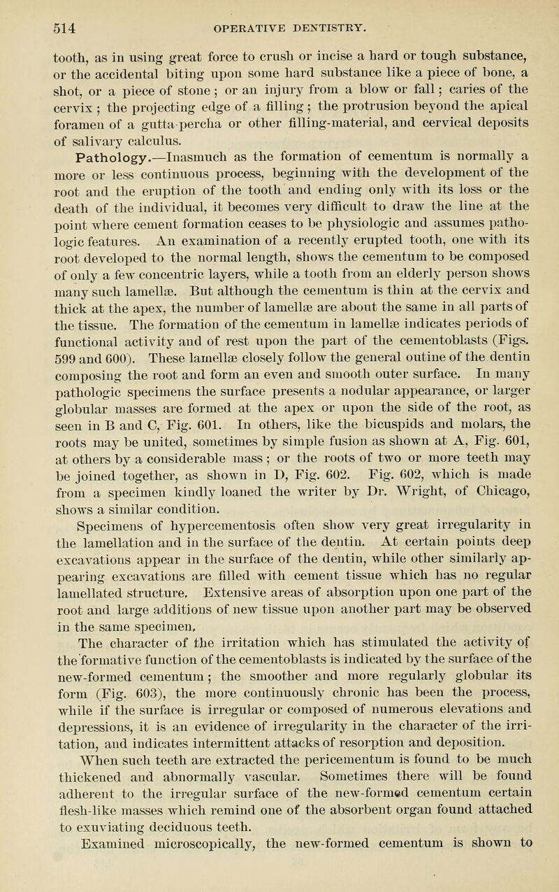 tooth, as in using great force to crush or incise a hard or tough substance, or the accidental biting upon some hard substance like a piece of bone, a shot, or a piece of stone; or an injury from a blow or fall; caries of the cervix ; the projecting edge of a filling ; the protrusion beyond the apical foramen of a gutta-percha or other filling-material, and cervical deposits of salivary calculus. Pathology.—Inasmuch as the formation of cementum is normally a more or less continuous process, beginning with the development of the root and the eruption of the tooth and ending only with its loss or the death of the individual, it becomes very difficult to draw the line at the point where cement formation ceases to be physiologic and assumes patho- logic features. An examination of a recently erupted tooth, one with its root developed to the normal length, shows the cementum to be composed of only a few concentric layers, while a tooth from an elderly person shows many such lamellse. But although the cementum is thin at the cervix and thick at the apex, the number of lamellse are about the same in all parts of the tissue. The formation of the cementum in lamellse indicates periods of functional activity and of rest upon the part of the cementoblasts (Figs. 599 and 600). These lamellse closely follow the general outine of the dentin composing the root and form an even and smooth outer surface. In many pathologic specimens the surface presents a nodular appearance, or larger globular masses are formed at the apex or upon the side of the root, as seen in B and C, Fig. 601. In others, like the bicuspids and molars, the roots may be united, sometimes by simple fusion as shown at A, Fig. 601, at others by a considerable mass ; or the roots of two or more teeth may be joined together, as shown in D, Fig. 602. Fig. 602, which is made from a specimen kindly loaned the writer by Dr. Wright, of Chicago, shows a similar condition. Specimens of hypercementosis often show very great irregularity in the lamellation and in the surface of the dentin. At certain points deep excavations appear in the surface of the dentin, while other similarly ap- pearing excavations are filled with cement tissue which has no regular lamellated structure. Extensive areas of absorption upon one part of the root and large additions of new tissue upon another part may be observed in the same specimen. The character of the irritation which has stimulated the activity of the formative function of the cementoblasts is indicated by the surface of the new-formed cementum ; the smoother and more regularly globular its form (Fig. 603), the more continuously chronic has been the i^rocess, while if the surface is irregular or composed of numerous elevations and depressions, it is an evidence of irregularity in the character of the irri- tation, and indicates intermittent attacks of resorption and deposition. When such teeth are extracted the pericementum is found to be much thickened and abnormally vascular. Sometimes there will be found adherent to the irregular surface of the new-formed cementum certain flesh-like masses which remind one of the absorbent organ found attached to exuviating deciduous teeth. Examined microscopically, the new-formed cementum is shown to