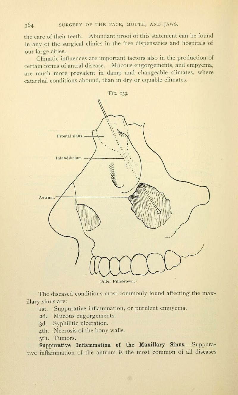 the care of their teeth. Abundant proof of this statement can be found in any of the surgical cHnics in the free dispensaries and hospitals of our large cities. Climatic influences are important factors also in the production of certain forms of antral disease. Mucous engorgements, and empyema, are much more prevalent in damp and changeable climates, where catarrhal conditions abound, than in dry or equable climates. Fig. 139. Frontal sinus Infundibulum Antrum. (After Fillebrown.) The diseased conditions most commonly found afifecting the max- illary sinus are: I St. Suppurative inflammation, or purulent empyema. 2d. Mucous engorgements. 3d. Syphilitic ulceration. 4th. Necrosis of the bony walls. 5th. Tumors. Suppurative Inflammation of the Maxillary Sinus.—Suppura- tive inflammation of the antrum is the most common of all diseases