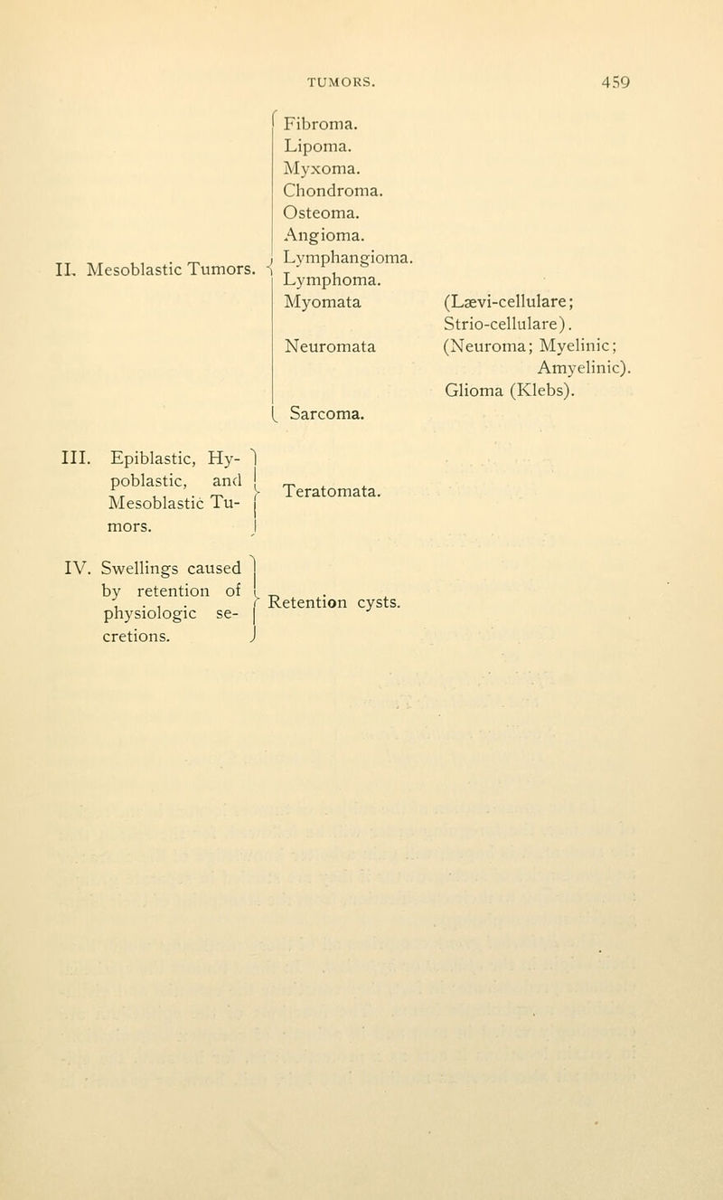 Fibroma. Lipoma. Myxoma. Chondroma. Osteoma. Angioma. TT ■» r , , • rj. j Lymphangioma. IL Mesoblastic Tumors. 1 ^ ^, ^ Lymphoma. Myomata Neuromata ^ Sarcoma. (Laevi-cellulare; Strio-cellulare). (Neuroma; MyeHnic; Amyelinic). Glioma (Klebs). IIL Epiblastic, Hy- ] poblastic, and Mesoblastic Tu- )- Teratomata. mors. IV. Swellings caused | by retention of i ^ , . , . ( Retention cysts, physiologic se- | cretions. j