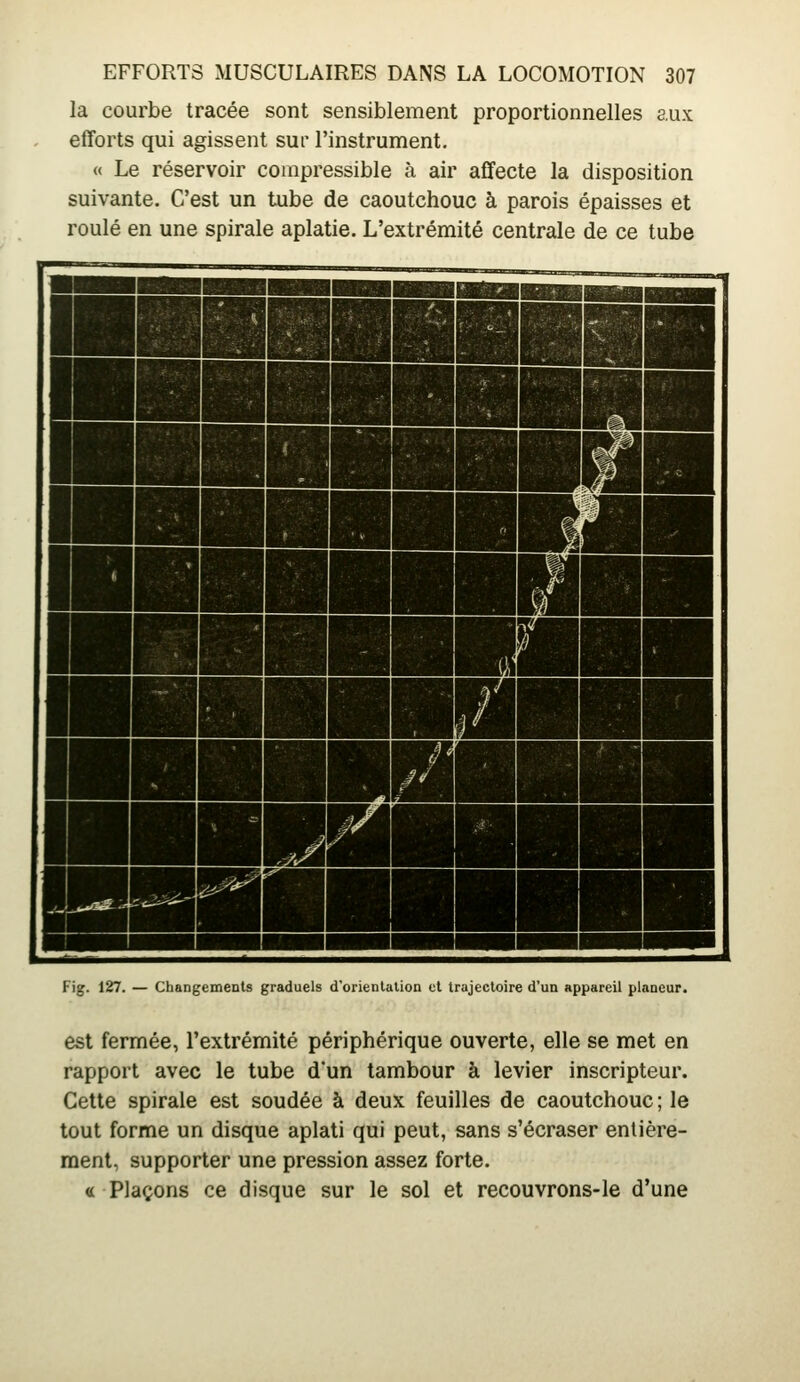 la courbe tracée sont sensiblement proportionnelles aux efforts qui agissent sur l'instrument. « Le réservoir compressible à air affecte la disposition suivante. C'est un tube de caoutchouc à parois épaisses et roulé en une spirale aplatie. L'extrémité centrale de ce tube Fig. 127. — Changements graduels d'orientation ci trajectoire d'un appareil planeur. est fermée, l'extrémité périphérique ouverte, elle se met en rapport avec le tube d'un tambour à levier inscripteur. Cette spirale est soudée à deux feuilles de caoutchouc ; le tout forme un disque aplati qui peut, sans s'écraser entière- ment, supporter une pression assez forte. « Plaçons ce disque sur le sol et recouvrons-le d'une
