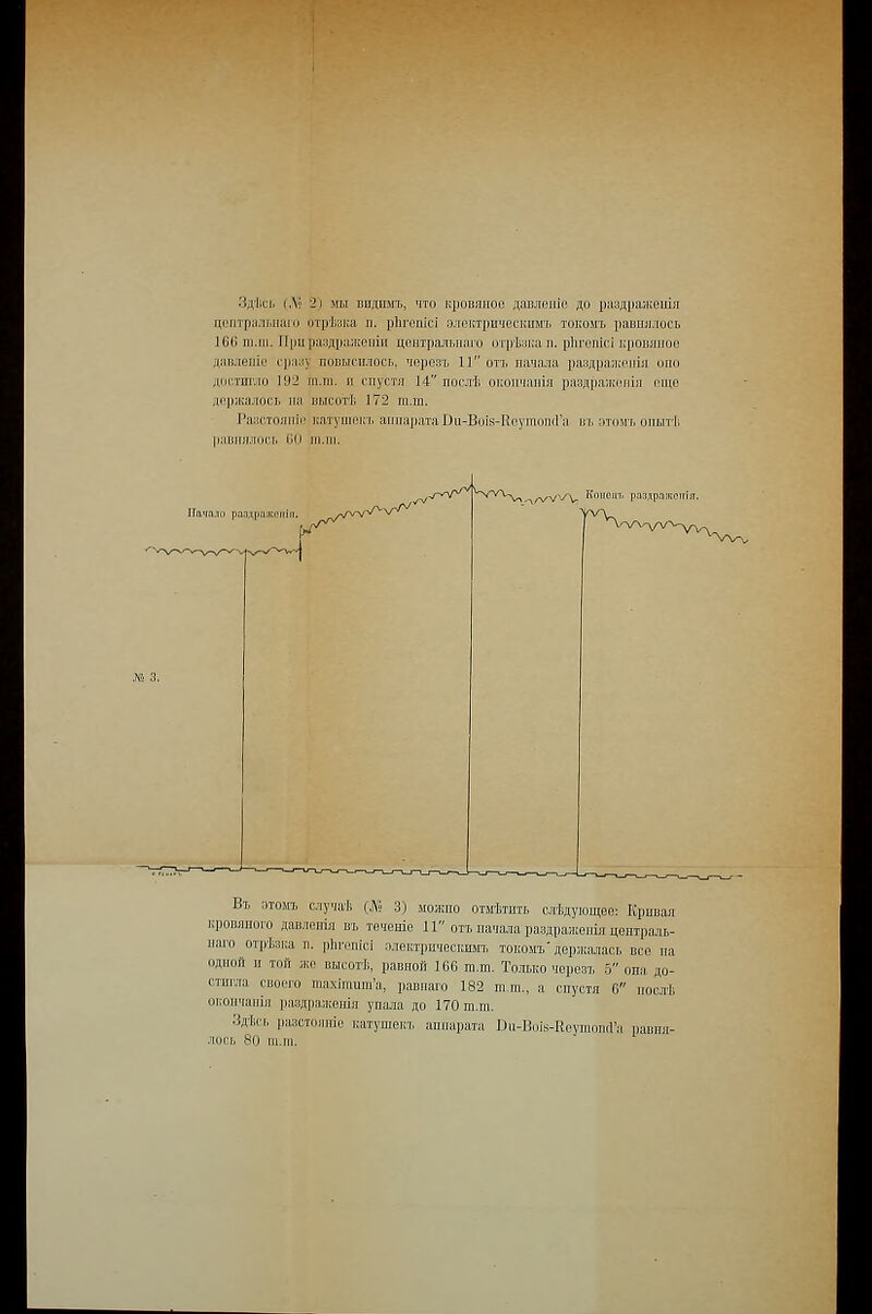 цоптралытго отр'Ьзка п. р11Г0П1С1 электрическилп! токомъ равнялось 166 ш.т. При раздр.ожеиш цеитральнаго отрезка в. р11гоп1с1 ировяиоо дявле111с сразу повысилось, черезъ 11 оть начала раздра;|;е111я опо достигло 192 т.т. и спустя 14 посл-Ь окончания разд1)а;|;1!111я онш держалось па высогЬ 172 т.т. Разстоя1пп катуншкь агптрата В11-Во13-Коуто11(Га вь отоиь опыт!; равнялось 60 1П.Н1. Въ этомъ случаЬ (Л? 3) можно отм-Ьнть стЬдующео: Кривая 1фовяного давлетя въ течете 11 отъ начала раздражешя централь- наго отр'Ьзка п. рЬгеп1с1 электрическшп, токомъ'держалась все па одной п той же высогЬ, равной 166 ш.ш. То.щ,ко черезъ 5 она до- стигла своего тахГгапш'а, равнаго 182 ш.ш., а спустя 6 поел* 01;ончап1я раздражен1я унала до 170 т.т. Зд'Ьсь разстояп1с катушекъ аппарата Пи-ВоЫ-Кеутон(1'а равпя- .чось 80 т.га.