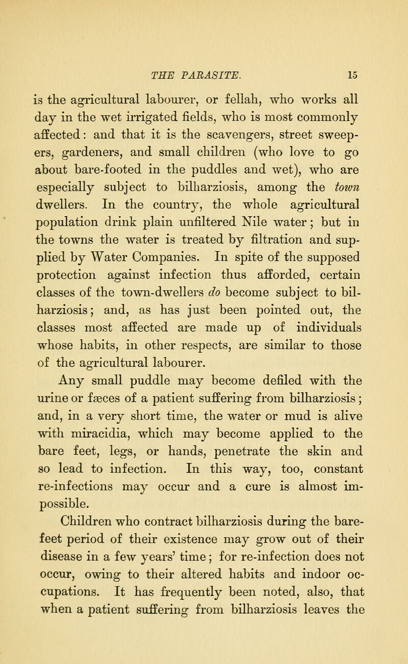 is the agricultural labourer, or fellah, who works all day in the wet irrigated fields, who is most commonly affected: and that it is the scavengers, street sweep- ers, gardeners, and small children (who love to go about bare-footed in the puddles and wet), who are especially subject to bilbarziosis, among the town dwellers. In the country, the whole agricultural population drink plain unfiltered Nile water; but in the towns the water is treated by nitration and sup- plied by Water Companies. In spite of the supposed protection against infection thus afforded, certain classes of the town-dwellers do become subject to bil- harziosis; and, as has just been pointed out, the classes most affected are made up of individuals whose habits, in other respects, are similar to those of the agricultural labourer. Any small puddle may become denied with the urine or faeces of a patient suffering from bilharziosis; and, in a very short time, the water or mud is alive with miracidia, which may become applied to the bare feet, legs, or hands, penetrate the skin and so lead to infection. In this way, too, constant re-infections may occur and a cure is almost im- possible. Children who contract bilharziosis during the bare- feet period of their existence may grow out of their disease in a few years' time; for re-infection does not occur, owing to their altered habits and indoor oc- cupations. It has frequently been noted, also, that when a patient suffering from bilharziosis leaves the