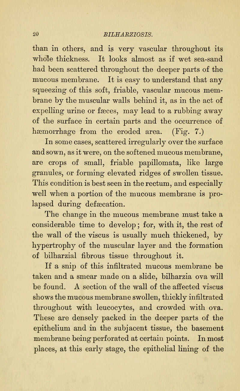 than in others, and is very vascular throughout its whole thickness. It looks almost as if wet sea-sand had been scattered throughout the deeper parts of the mucous membrane. It is easy to understand that any squeezing of this soft, friable, vascular mucous mem- brane by the muscular walls behind it, as in the act of expelling urine or faeces, may lead to a rubbing away of the surface in certain parts and the occurrence of haemorrhage from the eroded area. (Fig. 7.) In some cases, scattered irregularly over the surface and sown, as it were, on the softened mucous membrane, are crops of small, friable papillomata, like large granules, or forming elevated ridges of swollen tissue. This condition is best seen in the rectum, and especially well when a portion of the mucous membrane is pro- lapsed during defalcation. The change in the mucous membrane must take a considerable time to develop; for, with it, the rest of the wall of the viscus is usually much thickened, by hypertrophy of the muscular layer and the formation of bilharzial fibrous tissue throughout it. If a snip of this infiltrated mucous membrane be taken and a smear made on a slide, bilharzia ova will be found. A section of the wall of the affected viscus shows the mucous membrane swollen, thickly infiltrated throughout with leucocytes, and crowded with ova. These are densely packed in the deeper parts of the epithelium and in the subjacent tissue, the basement membrane being perforated at certain points. In most places, at this early stage, the epithelial lining of the