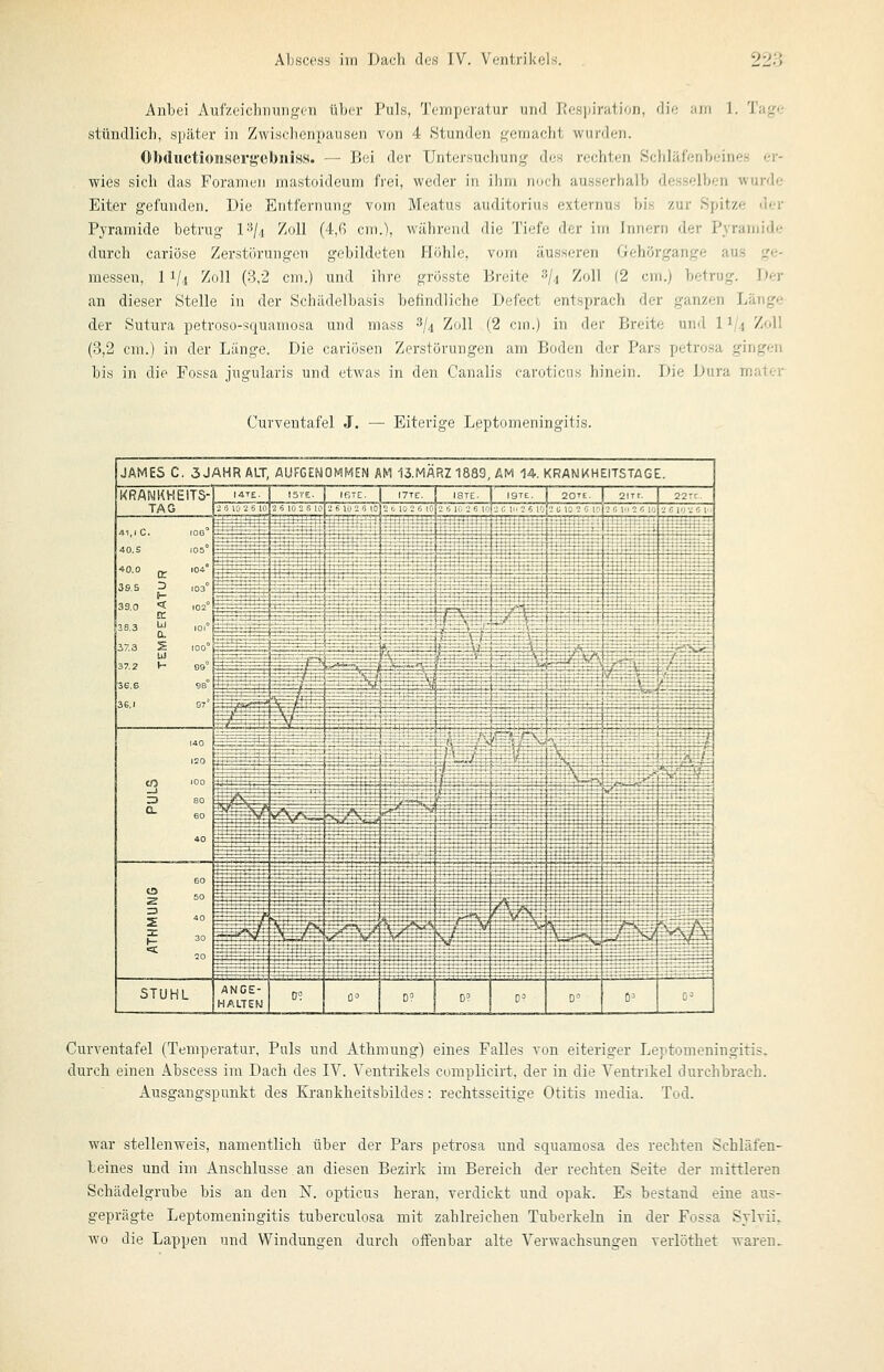 Anbei Aufzcichi)unf,''eTi über l'uls, Tonperatur und Jlcspirrttiori, dio ;iiii 1. Tajfc stündlich, später in Zwischenpausen von 4 Stunden ft'cmacht wurden. ObdiictioD.serg'ebniss. — Bei der Untersuchung des rechten Schläfenbeines er- wies sich das Foramen mastoideum frei, weder in ihm noch ausserhalb desselben wurde Eiter gefunden. Die Entfernung vom Meatus auditorius externus bis zur Spitze der Pyramide betrug 1-^/4 Zoll (4,6 cm.), während die Tiefe der im Innern der Pyramide durch cariöse Zerstörungen gebildeten Höhle, vom äusseren Gehörgange aus ge- messen, 11/4 '^oll (3,2 cm.) und ihre grösste Breite 3/^ Zoll (2 cm.) betrug. Der an dieser Stelle in der Schädelbasis befindliche Defect entsprach der ganzen Länge der Sutura petroso-squamosa und mass 3/^ Zoll (2 cm.) in der Breite und 11/4 Zoll (3,2 cm.) in der Länge. Die cariösen Zerstörungen am Boden der Pars petrosa gingen bis in die Fossa jugularis und etwas in den Canalis caroticus hinein. Die Dura mater Curventafel J. — Eiterige Leptomeningitis. JAMES C. 3 JÄHR ALT, AUFGENOMMEN AM 13.MÄRZ 1883, AM 14. KRAN/HEITSTAGE. Curventafel (Temperatur, Puls und Athmung) eines Falles von eiteriger Leptomeningitis. durch einen Abscess im Dach des IV. Ventrikels complicirt, der in die Ventrikel durchbrach. Ausgangspunkt des Krankheitsbildes: rechtsseitige Otitis media. Tod. war stellenweis, namentlich über der Pars petrosa und squamosa des rechten Schläfen- beines und im Anschlüsse an diesen Bezirk im Bereich der rechten Seite der mittleren Schädelgrube bis an den N. opticus heran, verdickt und opak. Es bestand, eine aus- geprägte Leptomeningitis tuberculosa mit zahlreichen Tuberkeln in der Fossa Sylvii. wo die Lappen und Windungen durch offenbar alte Verwachsungen verlöthet waren.