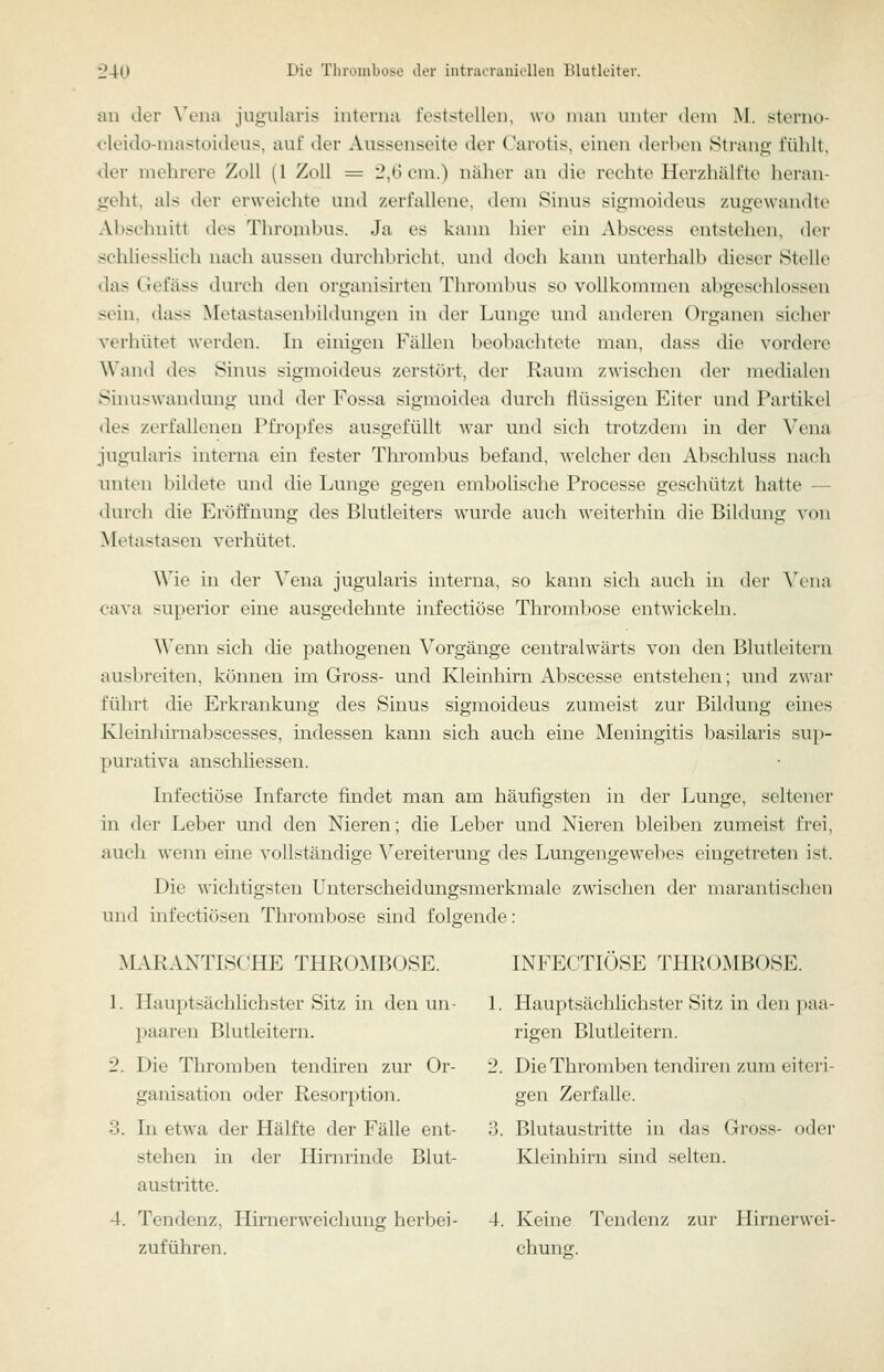 an der N'ena jngiilaris interna feststellen, wo man nnter dem M. sterno- oleido-mastoideus, auf der Aussenseite der Carotis, einen derben Strang fühlt, der mehrere Zoll (1 Zoll = l\6 em.) näher au die rechte Herzhälfte heran- geht, als der erweichte und zerfallene, dem Sinus sigmoideus zugewandte Abschnitt des Thrombus. Ja es kann hier ein Abscess entstehen, der schliesslich nach aussen durchbricht, und doch kann unterhalb dieser Stelle das Gefäss durch den organisirtcn Thrombus so vollkommen abgeschlossen sein, dass Metastasenbildungen in der Lunge und anderen Organen sicher verhütet werden. In einigen Fällen beobachtete man, dass die vordere Wand des Sinus sigmoideus zerstört, der Raum zwischen der medialen Sinuswandung und der Fossa sigmoidea durch flüssigen Eiter und Partikel des zerfallenen Pfropfes ausgefüllt war und sich trotzdem in der Vena jugularis interna ein fester Thrombus befand, welcher den Abscliluss nach unten bildete und die Lunge gegen embohsche Processe geschützt hatte — durch die Eröffnung des Blutleiters wurde auch weiterhin die Bildung von Metastasen verhütet. \Me in der \ena jugularis interna, so kann sich auch in der Yena Cava superior eiiie ausgedehnte infectiöse Thrombose entwickeln. Wenn sich die pathogenen Vorgänge centralwärts von den Blutleitern ausbreiten, können im Gross- und Kleinhirn Abscesse entstehen; und zwar führt die Erkrankmig des Sinus sigmoideus zumeist zur Bildung eines E^einhmiabscesses, indessen kann sich auch eine Meningitis basilaris sup- purativa anschliessen. Infectiöse Infarcte findet man am häufigsten in der Lunge, seltener in der Leber und den Nieren; die Leber und Nieren bleiben zumeist frei, auch wenn eine vollständige Vereiterung des Lungengewebes eingetreten ist. Die wichtigsten Unterscheidungsmerkmale zwischen der marantischen und infectiösen Thrombose sind folgende: MARANTISCHE THROMBOSE. INFECTIÖSE THROMBOSE. 1. Hauptsächlichster Sitz in den un- 1. Hauptsächlichster Sitz in den paa- paaren Blutleitern. rigen Blutleitern. 2. Die Thromben tendiren zur Or- 2. Die Thromben tendiren zum eiteri- ganisation oder Resorption. gen Zerfalle. 3. In etwa der Hälfte der Fälle ent- 3. Blutaustritte in das Gross- oder stehen in der Hirnrinde Blut- Kleinhirn sind selten. austritte. 4. Tendenz, Hirnerweiclmng herbei- 4. Keine Tendenz zur Hirnerwei- zuf Uhren. chuno;.