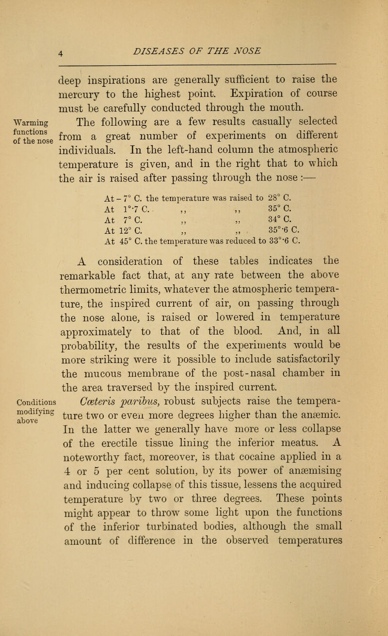 deep inspirations are generally sufficient to raise the mercury to the highest point. Expiration of course must be carefully conducted through the mouth. Warming The following are a few results casually selected of^henose ^^^^ ^ 8^®^^ number of experiments on different individuals. In the left-hand column the atmospheric temperature is given, and in the right that to which the air is raised after passing through the nose:— At - 7° C. the temperature was raised to 28° C. At r-7C. ,, ,, 35° C. At 7°a „ . „ 34° C. At 12° C. „ „ 35°-6 C. At 45° C. the temperature was reduced to 33° 6 C. A consideration of these tables indicates the remarkable fact that, at any rate between the above thermometric limits, whatever the atmospheric tempera- ture, the inspired current of air, on passing through the nose alone, is raised or lowered in temperature approximately to that of the blood. And, in all probability, the results of the experiments would be more striking were it possible to include satisfactorily the mucous membrane of the post-nasal chamber in the area traversed by the inspired current. Conditions Cceteris paribus, robust subjects raise the tempera- modifymg ^ ^^^ ^^ qyqh more degrees hio-her than the anaemic. above ^ ^ In the latter we generally have more or less collapse of the erectile tissue lining the inferior meatus. A noteworthy fact, moreover, is that cocaine applied in a 4 or 5 j)6^ ^6^t solution, by its power of ansemising and inducing collapse of this tissue, lessens the acquired temperature by two or three degrees. These points might appear to throw some light upon the functions of the inferior turbinated bodies, although the small amount of difference in the observed temperatures