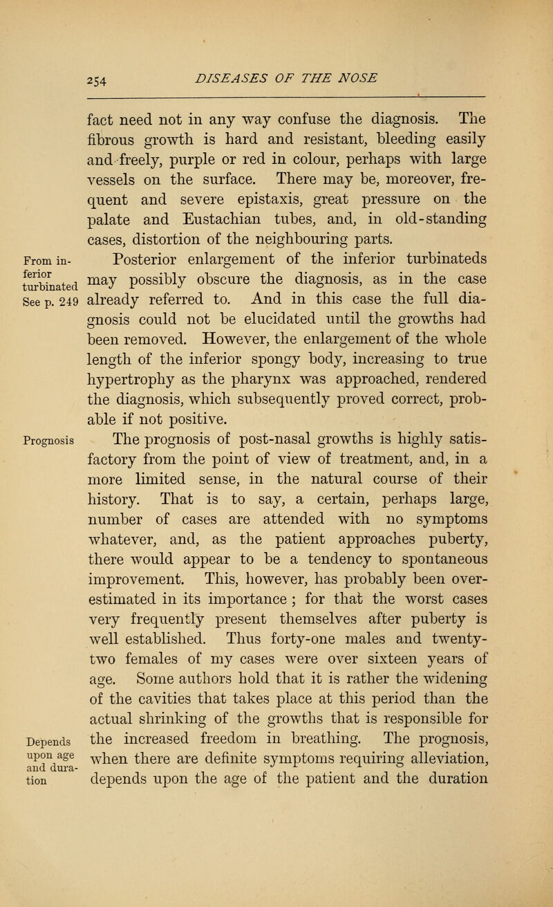 From in- ferior turbinated See p. 249 Prognosis Depends upon age and dura- tion fact need not in any way confuse the diagnosis. The fibrous growth is hard and resistant, bleeding easily and freely, purple or red in colour, perhaps with large vessels on the surface. There may be, moreover, fre- quent and severe epistaxis, great pressure on the palate and Eustachian tubes, and, in old-standing cases, distortion of the neighbouring parts. Posterior enlargement of the inferior turbinateds may possibly obscure the diagnosis, as in the case already referred to. And in this case the full dia- gnosis could not be elucidated until the growths had been removed. However, the enlargement of the whole length of the inferior spongy body, increasing to true hypertrophy as the pharynx was approached, rendered the diagnosis, which subsequently proved correct, prob- able if not positive. The prognosis of post-nasal growths is highly satis- factory from the point of view of treatment, and, in a more limited sense, in the natural course of their history. That is to say, a certain, perhaps large, number of cases are attended with no symptoms whatever, and, as the patient approaches puberty, there would appear to be a tendency to spontaneous improvement. This, however, has probably been over- estimated in its importance ; for that the worst cases very frequently present themselves after puberty is well established. Thus forty-one males and twenty- two females of my cases were over sixteen years of age. Some authors hold that it is rather the widening of the cavities that takes place at this period than the actual shrinking of the growths that is responsible for the increased freedom in breathing. The prognosis, when there are definite symptoms requiring alleviation, depends upon the age of the patient and the duration