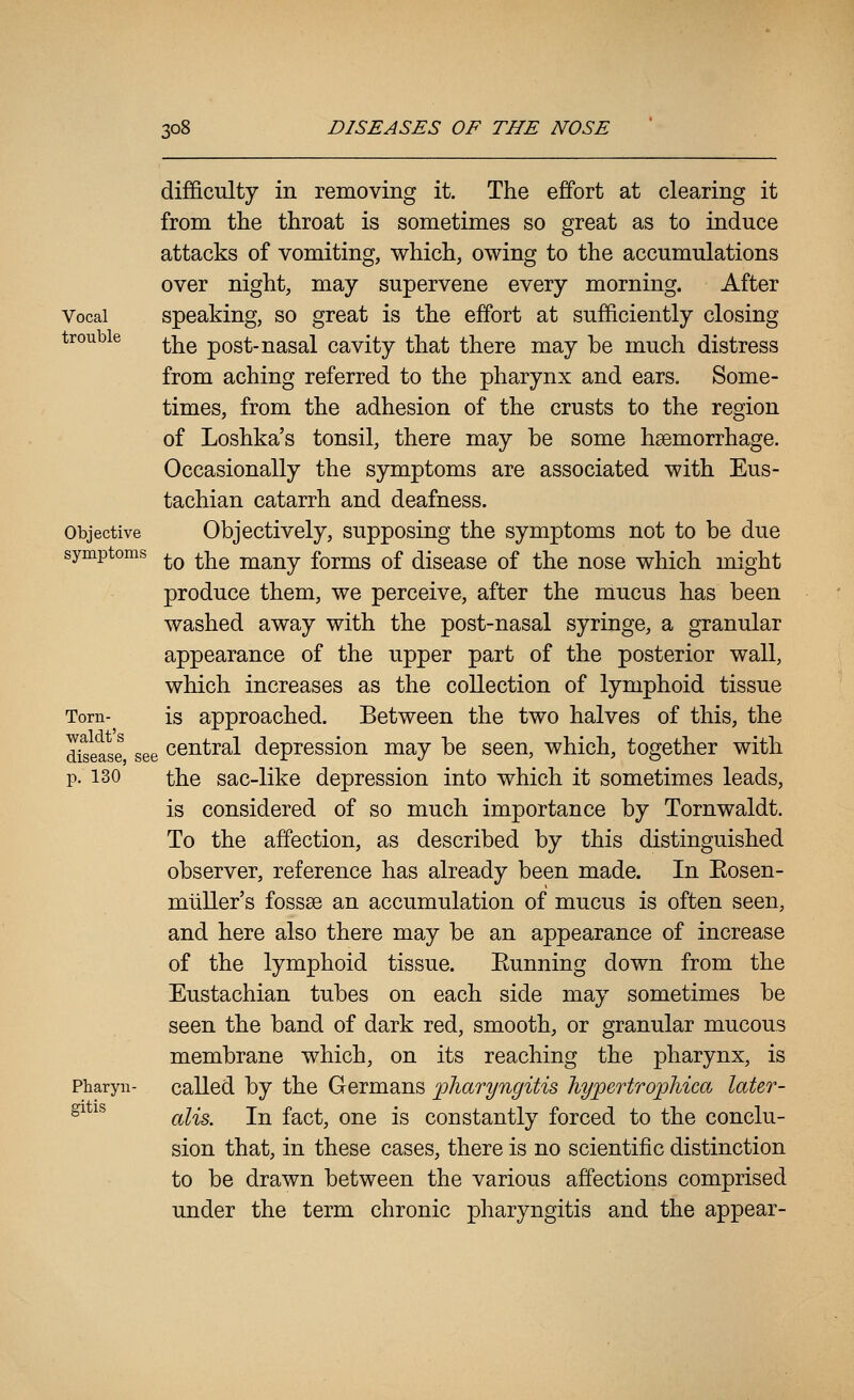 Vocal trouble difficulty in removing it. The effort at clearing it from the throat is sometimes so great as to induce attacks of vomiting, which, owing to the accumulations over night, may supervene every morning. After speaking, so great is the effort at sufficiently closing the post-nasal cavity that there may be much distress from aching referred to the pharynx and ears. Some- times, from the adhesion of the crusts to the region of Loshka's tonsil, there may be some haemorrhage. Occasionally the symptoms are associated with Eus- tachian catarrh and deafness. Objectively, supposing the symptoms not to be due symptoms ^^ ^j^^ many forms of disease of the nose which might produce them, we perceive, after the mucus has been washed away with the post-nasal syringe, a granular appearance of the upper part of the posterior wall, which increases as the collection of lymphoid tissue is approached. Between the two halves of this, the Objective Torn- waldt's disease, see p. 130 Pharyn- gitis central depression may be seen, which, together with the sac-like depression into which it sometimes leads, is considered of so much importance by Tornwaldt. To the affection, as described by this distinguished observer, reference has already been made. In Eosen- miiller's fossae an accumulation of mucus is often seen, and here also there may be an appearance of increase of the lymphoid tissue. Eunning down from the Eustachian tubes on each side may sometimes be seen the band of dark red, smooth, or granular mucous membrane which, on its reaching the pharynx, is called by the Germans 'pharyngitis Jiypertrophica later- alis. In fact, one is constantly forced to the conclu- sion that, in these cases, there is no scientific distinction to be drawn between the various affections comprised under the term chronic pharyngitis and the appear-