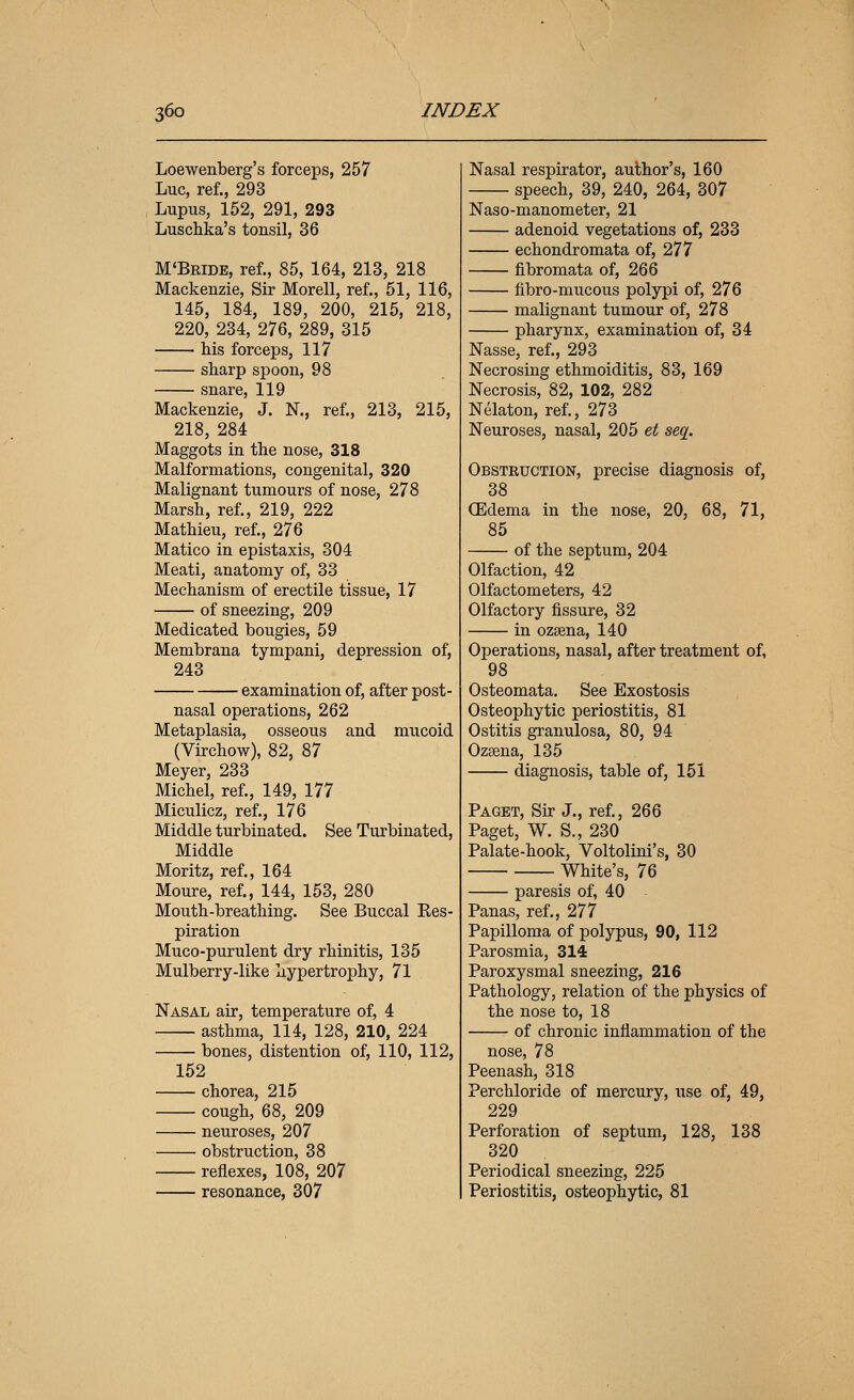 Loewenberg's forceps, 257 Luc, ref., 293 Lupus, 152, 291, 293 Luschka's tonsil, 36 M'Bride, ref., 85, 164, 213, 218 Mackenzie, Sir Morell, ref., 51, 116, 145, 184, 189, 200, 215, 218, 220, 234, 276, 289, 315 his forceps, 117 sharp spoon, 98 snare, 119 Mackenzie, J. N., ref., 213, 215, 218, 284 Maggots in the nose, 318 Malformations, congenital, 320 Malignant tumours of nose, 278 Marsh, ref., 219, 222 Mathieu, ref., 276 Matico in epistaxis, 304 Meati, anatomy of, 33 Mechanism of erectile tissue, 17 of sneezing, 209 Medicated bougies, 59 Membrana tympani, depression of, 243 examination of, after post- nasal operations, 262 Metaplasia, osseous and mucoid (Virchow), 82, 87 Meyer, 233 Michel, ref., 149, 177 Miculicz, ref., 176 Middle turbinated. See Turbinated, Middle Moritz, ref., 164 Moure, ref., 144, 153, 280 Mouth-breathing. See Buccal Res- piration Muco-purulent dry rhinitis, 135 Mulberry-like hypertrophy, 71 Nasal air, temperature of, 4 asthma, 114, 128, 210, 224 bones, distention of, 110, 112, 152 chorea, 215 cough, 68, 209 neuroses, 207 obstruction, 38 reflexes, 108, 207 resonance, 307 Nasal respirator, author's, 160 speech, 39, 240, 264, 307 Naso-manometer, 21 adenoid vegetations of, 233 echondromata of, 277 fibromata of, 266 fibro-mucous polypi of, 276 malignant tumour of, 278 pharynx, examination of, 34 Nasse, ref., 293 Necrosing ethmoiditis, 83, 169 Necrosis, 82, 102, 282 Nelaton, ref., 273 Neuroses, nasal, 205 et seq. Obstruction, precise diagnosis of, 38 CEdema in the nose, 20, 68, 71, 85 of the septum, 204 Olfaction, 42 Olfactometers, 42 Olfactory fissure, 32 in ozsena, 140 Operations, nasal, after treatment of, 98 Osteomata. See Exostosis Osteophytic periostitis, 81 Ostitis granulosa, 80, 94 Ozaena, 135 diagnosis, table of, 151 Paget, Sir J., ref., 266 Paget, W. S., 230 Palate-hook, Voltolini's, 30 White's, 76 paresis of, 40 Panas, ref., 277 Papilloma of polypus, 90, 112 Parosmia, 314 Paroxysmal sneezing, 216 Pathology, relation of the physics of the nose to, 18 of chronic inflammation of the nose, 78 Peenash, 318 Perchloride of mercury, use of, 49, 229 Perforation of septum, 128, 138 320 Periodical sneezing, 225 Periostitis, osteophytic, 81