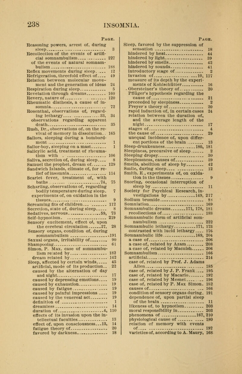 Page. Reasoning powers, arrest of, during sleep 3 Recollection of the events of artifi- cial somnambulism 227 of the events of natural somnam- bulism 188 Reflex movements during sleep. 12 Refrigeration, threefold effect of 49 Relation between molecular move- ment and the generation of ideas 24 Respiration during sleep 5 Revelation through dreams 160 Revery, nature of . 120 Rheumatic diathesis, a cause of in- somnia 72 Rosenthal, observations of, regard- ing lethargy 33, 34 observations regarding apparent death — 35 Rush, Dr., observations of, on the re- vival of memory in dissolution.. 165 Sailors, sleeping during a bombard- ment. - 1 Sailor-boy, sleeping on a mast 1 Salicylic acid, treatment of rheuma- tism with 106 Saliva, secretion of, during sleep 8 Samuel the prophet, dream of. 129 Sandwich Islands, climate of, for re- lief of insomnia 114 Scarlet fever, treatment of, with baths 74, 75 Scharling, observations of, regarding bodily temperature during sleep. 7 experiments of, on oxidation In the tissues 9 Screaming fits of children 112 Secretion, state of, during sleep 8 Sedatives, nervous ..59, 73 Self-hypnotism 219 Sensory excitement, effect of, upon the cerebral circulation 27, 28 Sensory organs, condition of, during somnambulism 191 Sfcxual organs, irritability of 90 Shampooing 61 Simon, P. Max, case of somnambu- lism related by 182 dream related by. - 142 Sleep, affected by certain winds 45 artificial, mode of its production.. 22 caused by the alternation of day and night 17 caused by depressing emotions 19 caused by exhaustion 19 caused by fatigue 19 caused by painful Impressions 19 caused by the venereal act 19 definition of 1 dreamless 14 duration of 4, 110 effects of its invasion upon the in- tellectual faculties 13 effect of, upon consciousness...13, 14 fatigue theory of 20 favored by darkness 18 Page. Sleep, favored by the suppression of sensation is hindered by heat 44 hindered by light 39 hindered by smells 42 hindered by sounds 41 introductory stage of 2 invasion of 10, 117 measure of its depth by the experi- ments of Kohlschiitter 16 - Obersteiner's theory of 20 Pflliger's hypothesis regarding the cause of 21 proceeded by sleepiness 2 Preyer's theory of 20 rapid Induction of, in certain cases 24 relation between the duration of, and the average length of the night 17 stages of 4 tlie cause of 29 unequal incidence of, upon differ- ent portions of the brain 13 Sleep-drunkenness. 180, 181 Sleepiness, precursive of sleep. 2 Sleeping dropsy 30 Sleeplessness, causes of 39 Smells, abolition of sleep by 42 Smile, during sleep 12 Smith, E., experiments of, on oxida- tion in the tissues 9 Snoring, occasional interruption of sleep by 11 Society for Psychical Research, in- vestigations by 149, 217 Sodium bromide 8-i Somniation 169 Somnambulic dreams 171, 178, 181 recollections of 188 Somnambulic form of artificial som- nambulism 222 Somnambulic lethargy 171, 173 contrasted with lucid lethargy 176 Somnambulic life... 169, 204 a case of 206 a case of, related by Azam 208 a case of, related by Macnish 206 Somnambulism. 166 artificial 214 case of, related by Prof. J. Adams Allen 185 case of, related by J. P. Frank 195 case of, related hy Macarlo 192 case of, related by Mesnet .. 196 case of, related by P. Max Simon. 1S2 causes of 166 condition of sensory organs during. 191 dependence of, upon partial sleep of the brain 11 likeness of, to hypnotism 203 moral responsibility In 203 phenomena of 167, 210 physiological cause of 180 relation of memory with events of 192 varieties of, according to A. Maury, 16&