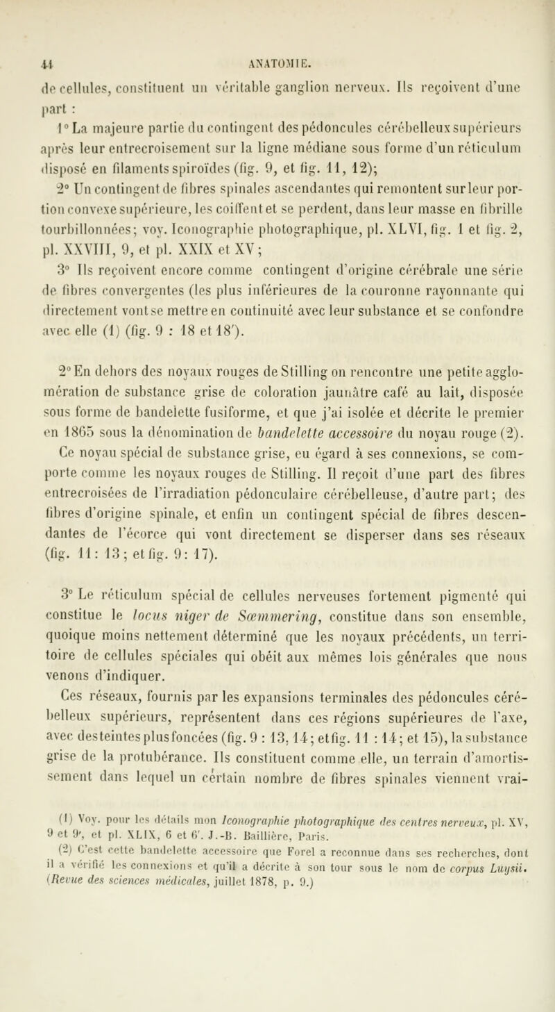 de cellules, constituent un véritable ganglion nerveux. Ils reçoivent d'une part : l°La majeure partie du contingent des pédoncules cérébelleux supérieurs après leur entrecroisement sur la ligne médiane sous forme d'un réticulum disposé en filaments spiroïdes (fig. 0, et fig. 11, 12); 2° Un contingent de fibres spinales ascendantes qui remontent surleur por- tion convexesupérieurc, les coiffent et se perdent, dans leur masse en fibrille tourbillonnées; voy. Iconographie photographique, pi. XLYI, fig. 1 et fig. 2, pi. XXVIII, 9, et pi. XXIX et XV; 3° Ils reçoivent encore comme contingent d'origine cérébrale une série de libres convergentes (les plus inférieures de la couronne rayonnante qui directement vont se mettre en continuité avec leur substance et se confondre avec elle (1) (fig. 0 : 18 et 18'). 2° En dehors des noyaux rouges de Stilling on rencontre une petite agglo- mération de substance grise de coloration jaunâtre café au lait, disposée sous forme de bandelette fusiforme, et que j'ai isolée et décrite le premier <-n 1865 sous la dénomination de bandelette accessoire du noyau rouge (2). Ce noyau spécial de substance grise, eu égard à ses connexions, se com- porte comme les noyaux rouges de Stilling. Il reçoit d'une part des fibres entrecroisées de l'irradiation pédonculaire cérébelleuse, d'autre part; des fibres d'origine spinale, et enfin un contingent spécial de fibres descen- dantes de l'écorce qui vont directement se disperser dans ses réseaux (fig. 11: 13; et fig. 9: 17). 3° Le réticulum spécial de cellules nerveuses fortement pigmenté qui constitue le locus niger de Sœmmering, constitue dans son ensemble, quoique moins nettement déterminé que les noyaux précédents, un terri- toire de cellules spéciales qui obéit aux mêmes lois générales que nous venons d'indiquer. Ces réseaux, fournis par les expansions terminales des pédoncules céré- belleux supérieurs, représentent dans ces régions supérieures de l'axe, avec des teintes plus foncées (fig. 0: 13, 14; etfig. 11 : 14; et 15), la substance grise de la protubérance. Ils constituent comme elle, un terrain d'amortis- sement dans lequel un certain nombre de fibres spinales viennent vrai- [i] Voy. pour les détails mon Iconographie photographique des centres nerveux, pfc XV, 9 et 9', el pi. XUX, 6 et 6'. J.-l!. Baillière, Paris. (2) C'est cette bandelette accessoire que Forel a reconnue dans ses recherches, dont il a vérifié les connexions et qu'il a décrite à son tour sous le nom de corpus Luijsii.