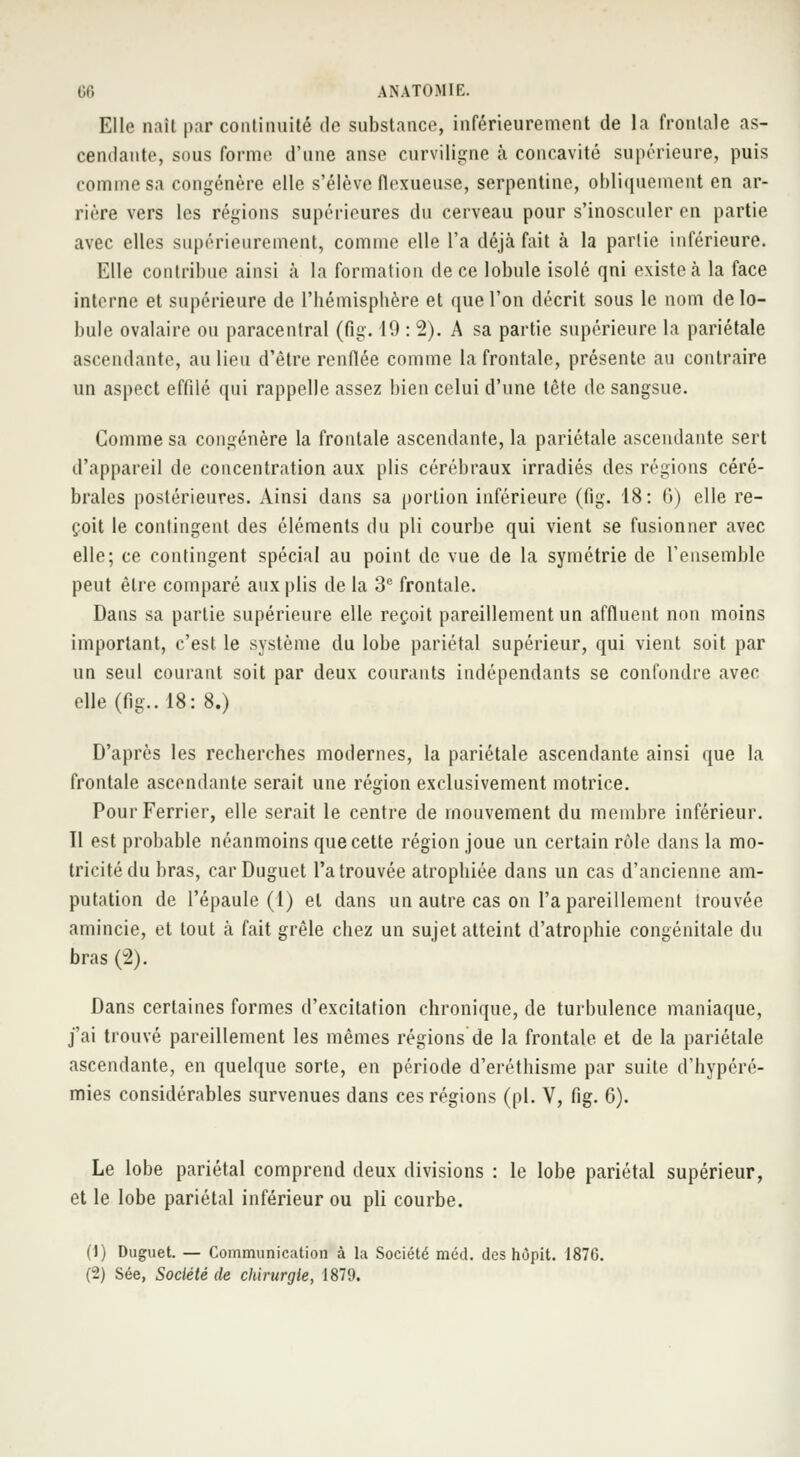 Elle naît par continuité de substance, inférieurement de la frontale as- cendante, sous forme d'une anse curviligne à concavité supérieure, puis comme sa congénère elle s'élève flexueuse, serpentine, obliquement en ar- riére vers les régions supérieures du cerveau pour s'inoscnler en partie avec elles supérieurement, comme elle l'a déjà fait à la partie inférieure. Elle contribue ainsi à la formation de ce lobule isolé qni existe à la face interne et supérieure de l'hémisphère et que l'on décrit sous le nom de lo- bule ovalaire ou paracenlral (fig. 19 : 2). A sa partie supérieure la pariétale ascendante, au lieu d'être renflée comme la frontale, présente au contraire un aspect effilé qui rappelle assez bien celui d'une tête de sangsue. Gomme sa congénère la frontale ascendante, la pariétale ascendante sert d'appareil de concentration aux plis cérébraux irradiés des régions céré- brales postérieures. Ainsi dans sa portion inférieure (fig. 18: 0) elle re- çoit le contingent des éléments du pli courbe qui vient se fusionner avec elle; ce contingent spécial au point de vue de la symétrie de l'ensemble peut être comparé aux plis de la 3e frontale. Dans sa partie supérieure elle reçoit pareillement un affluent non moins important, c'est le système du lobe pariétal supérieur, qui vient soit par un seul courant soit par deux courants indépendants se confondre avec elle (fig.. 18: 8.) D'après les recherches modernes, la pariétale ascendante ainsi que la frontale ascendante serait une région exclusivement motrice. PourFerrier, elle serait le centre de mouvement du membre inférieur. Il est probable néanmoins que cette région joue un certain rôle dans la mo- tricité du bras, car Duguet l'a trouvée atrophiée dans un cas d'ancienne am- putation de l'épaule (1) et dans un autre cas on l'a pareillement trouvée amincie, et tout à fait grêle chez un sujet atteint d'atrophie congénitale du bras (2). Dans certaines formes d'excitation chronique, de turbulence maniaque, j'ai trouvé pareillement les mêmes régions de la frontale et de la pariétale ascendante, en quelque sorte, en période d'eréthisme par suite d'hypéré- mies considérables survenues dans ces régions (pi. V, fig. 6). Le lobe pariétal comprend deux divisions : le lobe pariétal supérieur, et le lobe pariétal inférieur ou pli courbe. (J) Duguet. — Communication à la Société méd. des hôpit. 1876.