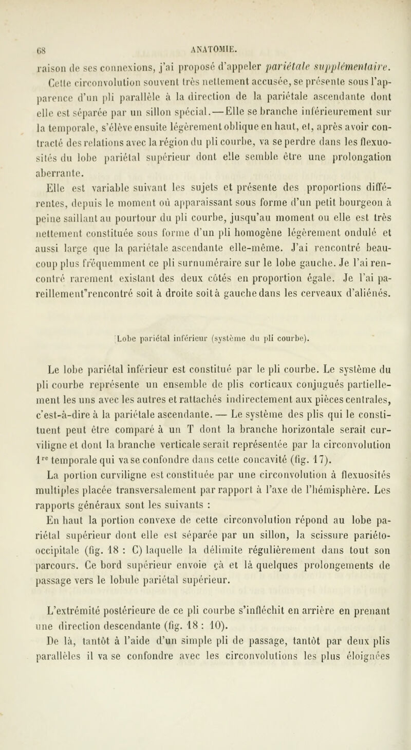 raison de ses connexions, j'ai proposé d'appeler pariétale supplémentaire. Celte circonvolution souvent très nettement accusée, se présente sous l'ap- parence d'un pli parallèle à la direction de la pariétale ascendante dont elle esl séparée par un sillon spécial. — Elle se branche intérieurement sur la temporale, s'élève ensuite légèrement oblique en haut, et, après avoir con- tracté des relations avec la région du pli courbe, va se perdre dans les flexuo- sités du lobe pariétal supérieur dont elle semble être une prolongation aberrante. Elle est variable suivant les sujets et présente des proportions diffé- rentes, depuis le moment on apparaissant sous forme d'un petit bourgeon à peine saillant an pourtour du pli courbe, jusqu'au moment ou elle est très nettement constituée sous forme d'un pli homogène légèrement ondulé et aussi large que la pariétale ascendante elle-même. J'ai rencontré beau- coup plus fréquemment ce pli surnuméraire sur le lobe gauche. Je l'ai ren- contré rarement existant des deux côtés en proportion égale. Je l'ai pa- reillement'rencontré soit à droite soit à gauche dans les cerveaux d'aliénés. Lobe pariétal inférieur (système du pli courbe). Le lobe pariétal inférieur est constitué par le pli courbe. Le système du pli courbe représente un ensemble de plis corticaux conjugués partielle- ment les uns avec les autres et rattachés indirectement aux pièces centrales, c'est-à-dire à la pariétale ascendante. — Le système des plis qui le consti- tuent peut être comparé à un T dont la branche horizontale serait cur- viligne et dont la branche verticale serait représentée par la circonvolution lre temporale qui vase confondre dans cette concavité (tig. 17). La portion curviligne est constituée par une circonvolution à flexuosités multiples placée transversalement par rapport à l'axe de l'hémisphère. Les rapports généraux sont les suivants : En haut la portion convexe de cette circonvolution répond au lobe pa- riétal supérieur dont elle est séparée par un sillon, la scissure pariéto- occipitale (fig. 18 : C) laquelle la délimite régulièrement dans tout son parcours. Ce bord supérieur envoie çà et là quelques prolongements de passage vers le lobule pariétal supérieur. L'extrémité postérieure de ce pli courbe s'infléchit en arrière en prenant une direction descendante (fig. 18 : 10). De là, tantôt à l'aide d'un simple pli de passage, tantôt par deux plis parallèles il va se confondre avec les circonvolutions les plus éloignées