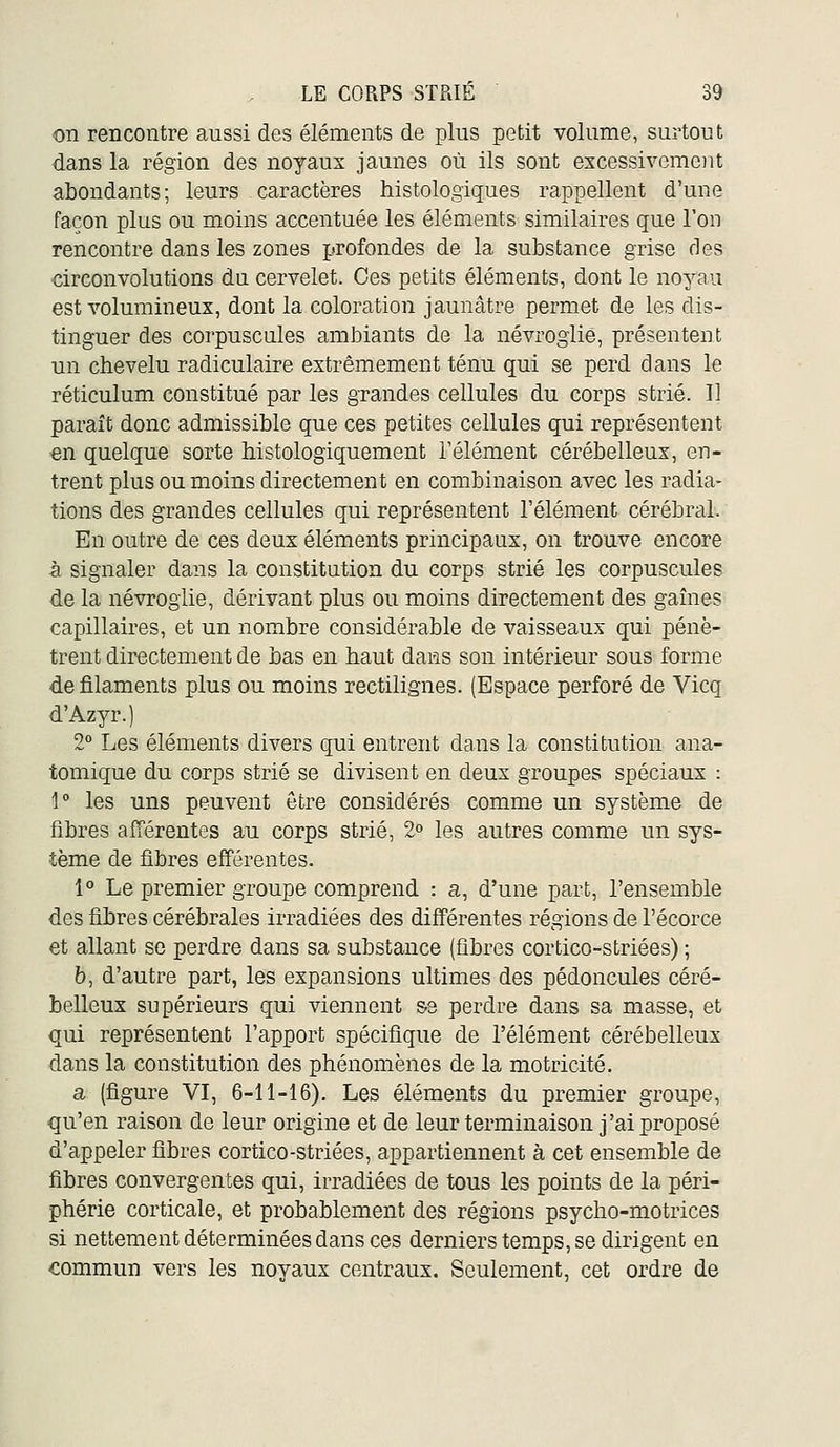 on rencontre aussi des éléments de plus petit volume, surtout dans la région des noyaux jaunes où ils sont excessivemoit abondants; leurs caractères histologiques rappellent d'une façon plus ou moins accentuée les éléments similaires que l'on rencontre dans les zones profondes de la substance grise des circonvolutions du cervelet. Ces petits éléments, dont le noyau est volumineux, dont la coloration jaunâtre permet de les dis- tinguer des corpuscules ambiants de la névroglié, présentent un chevelu radiculaire extrêmement ténu qui se perd dans le réticulum constitué par les grandes cellules du corps strié. Il paraît donc admissible que ces petites cellules qui représentent en quelque sorte histologiquement l'élément cérébelleux, en- trent plus ou moins directement en combinaison avec les radia- tions des grandes cellules qui représentent l'élément cérébral. En outre de ces deux éléments principaux, on trouve encore à signaler dans la constitution du corps strié les corpuscules de la névroglié, dérivant plus ou moins directement des gaines capillaires, et un nombre considérable de vaisseaux qui pénè- trent dii'ectement de bas en haut dans son intérieur sous forme de filaments plus ou moins rectilignes. (Espace perforé de Vicq d'Azyr.) 2° Les éléments divers qui entrent dans la constitution ana- tomique du corps strié se divisent en deux groupes spéciaux : 1° les uns peuvent être considérés comme un système de fibres afférentes au corps strié, 2° les autres comme un sys- tème de fibres eîférentes. 1° Le premier groupe comprend : a, d'une part, l'ensemble des fibres cérébrales irradiées des différentes régions de l'écorce et allant se perdre dans sa substance (fibres cortico-striées) ; b, d'autre part, les expansions ultimes des pédoncules céré- belleux supérieurs qui viennent se perdre dans sa masse, et qui représentent l'apport spécifique de l'élément cérébelleux dans la constitution des phénomènes de la motricité. a (figure VI, 6-11-16). Les éléments du premier groupe, qu'en raison de leur origine et de leur terminaison j'ai proposé d'appeler fibres cortico-striées, appartiennent à cet ensemble de fibres convergentes qui, irradiées de tous les points de la péri- phérie corticale, et probablement des régions psycho-motrices si nettement déterminées dans ces derniers temps, se dirigent en commun vers les noyaux centraux. Seulement, cet ordre de