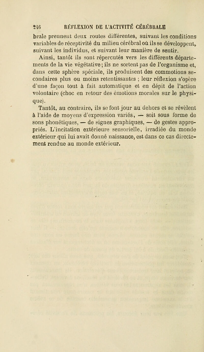 brale prennent denx routes différentes, suivant les conditions variables de réceptivité du milieu cérébral où ils se développent^ suivant les individus, et suivant leur manière de sentir. Ainsi, tantôt ils sont répercutés vers les différents départe- ments de la vie végétative ; ils ne sortent pas de l'organisme et, dans cette sphère spéciale, ils produisent des commotions se- condaires plus ou moins retentissantes ; leur réflexion s'opère d'une façon tout à fait automatique et en dépit de l'action volontaire (choc en retour des émotions morales sur le physi- que). Tantôt, au contraire, ils se font jour au dehors et se révèlent à l'aide de moyens d'expression variés, — soit sous forme de sons phonétiques, — de signes graphiques, — de gestes appro- priés. L'incitation extérieure sensorielle, irradiée du monde extérieur qui lui avait donné naissance, est dans ce cas directe- ment rendue au monde extérieur.