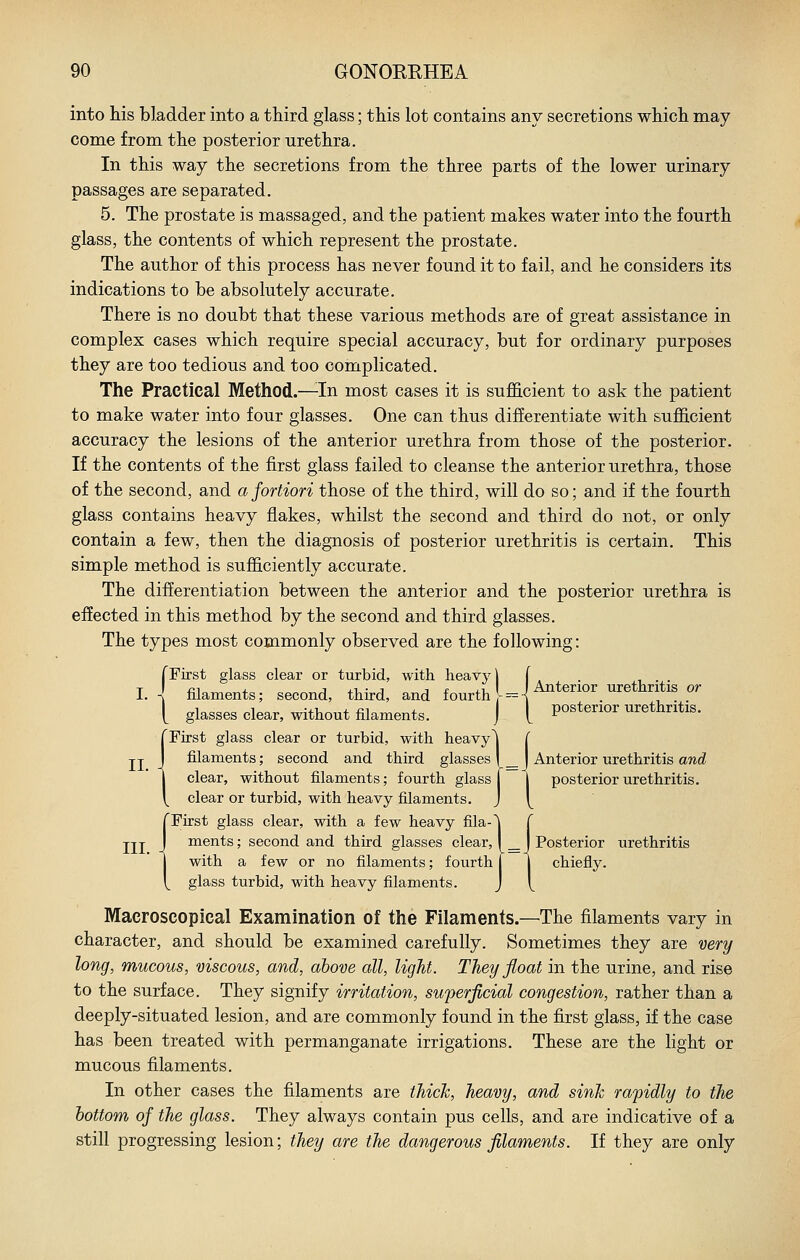 into his bladder into a third glass; this lot contains anv secretions which may come from the posterior urethra. In this way the secretions from the three parts of the lower urinary passages are separated. 5. The prostate is massaged, and the patient makes water into the fourth glass, the contents of which represent the prostate. The author of this process has never found it to fail, and he considers its indications to be absolutely accurate. There is no doubt that these various methods are of great assistance in complex cases which require special accuracy, but for ordinary purposes they are too tedious and too complicated. The Practical Method.—^In most cases it is sufficient to ask the patient to make water into four glasses. One can thus differentiate with sufficient accuracy the lesions of the anterior urethra from those of the posterior. If the contents of the first glass failed to cleanse the anterior urethra, those of the second, and a fortiori those of the third, will do so; and if the fourth glass contains heavy flakes, whilst the second and third do not, or only contain a few, then the diagnosis of posterior urethritis is certain. This simple method is sufficiently accurate. The differentiation between the anterior and the posterior urethra is effected in this method by the second and third glasses. The types most commonly observed are the following: TFirst glass clear or turbid, with heavy if. . , . I. ' filaments; second, third, and fourth UM^^erior^urethritis or [ glasses clear, without filaments. J [ posterior urethritis. fFirst glass clear or turbid, with heavy^ J J J filaments; second and third glasses I clear, without filaments; fourth glass 1^ clear or turbid, with heavy filaments. fFirst glass clear, with a few heavy fila-^ ments; second and third glasses clear, with a few or no filaments; fourth glass turbid, with heavy filaments. J Anterior urethritis and I posterior urethritis. III. . J Posterior urethritis I chiefly. Macroscopical Examination of the Filaments.—^The filaments vary in character, and should be examined carefully. Sometimes they are very long, mucous, viscous, and, above all, light. They float in the urine, and rise to the surface. They signify irritation, swperficial congestion, rather than a deeply-situated lesion, and are commonly found in the first glass, if the case has been treated with permanganate irrigations. These are the light or mucous filaments. In other cases the filaments are thick, heavy, and sinJc rabidly to the bottom of the glass. They always contain pus cells, and are indicative of a still progressing lesion; they are the dangerous filaments. If they are only