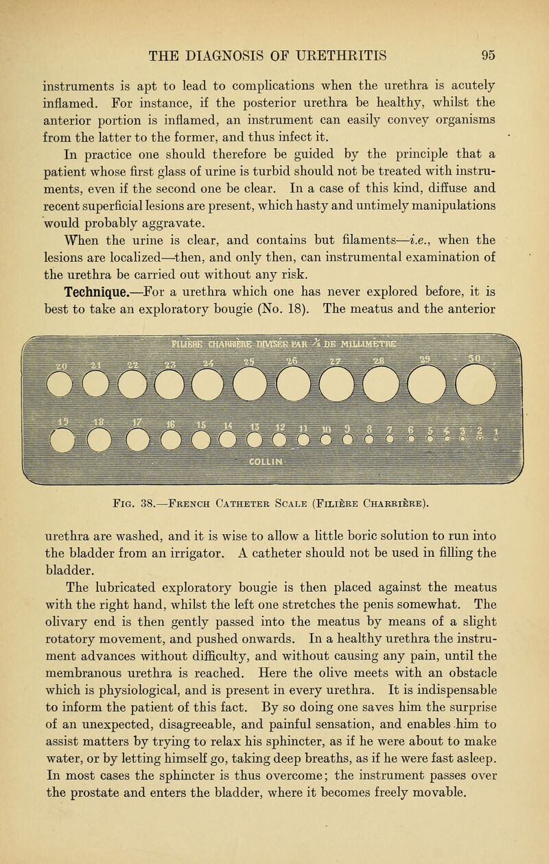 instruments is apt to lead to complications when the urethra is acutely inflamed. For instance, if the posterior urethra be healthy, whilst the anterior portion is inflamed, an instrument can easily convey organisms from the latter to the former, and thus infect it. In practice one should therefore be guided by the principle that a patient whose first glass of urine is turbid should not be treated with instru- ments, even if the second one be clear. In a case of this kind, diffuse and recent superficial lesions are present, which hasty and untimely manipulations would probably aggravate. When the urine is clear, and contains but filaments—i.e., when the lesions are localized—then, and only then, can instrumental examination of the urethra be carried out without any risk. Technique.—For a urethra which one has never explored before, it is best to take an exploratory bougie (No. 18). The meatus and the anterior Fig. 38.—French Catheter Scale (Filiere Charribre). urethra are washed, and it is wise to allow a little boric solution to run into the bladder from an irrigator. A catheter should not be used in filling the bladder. The lubricated exploratory bougie is then placed against the meatus with the right hand, whilst the left one stretches the penis somewhat. The olivary end is then gently passed into the meatus by means of a slight rotatory movement, and pushed onwards. In a healthy urethra the instru- ment advances without diflS.culty, and without causing any pain, until the membranous urethra is reached. Here the olive meets with an obstacle which is physiological, and is present in every urethra. It is indispensable to inform the patient of this fact. By so doing one saves him the surprise of an unexpected, disagreeable, and painful sensation, and enables him to assist matters by trying to relax his sphincter, as if he were about to make water, or by letting himself go, taking deep breaths, as if he were fast asleep. In most cases the sphincter is thus overcome; the instrument passes over the prostate and enters the bladder, where it becomes freely movable.