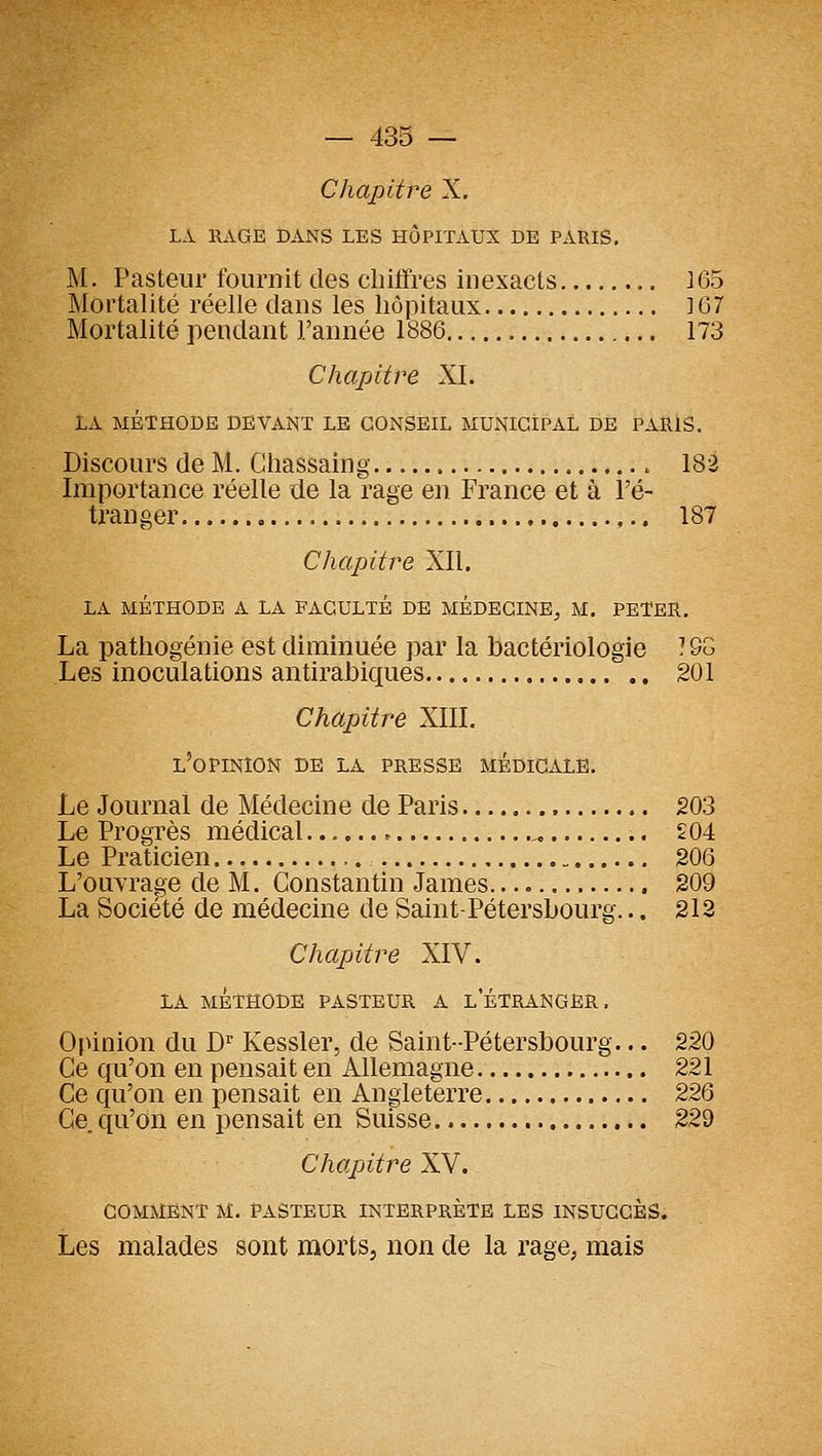 Chapitre X. LA RAGE DANS LES HÔPITAUX DE PARIS, M. Pasteur fournit des chiffres inexacts ]65 Mortalité réelle dans les hôpitaux 167 Mortalité pendant l'année 1886 173 Chapitre XI. LA MÉTHODE DEVANT LE CONSEIL MUNICIPAL DE PARIS. Discours de M. Ghassaing 182 Importance réelle de la rage en France et à l'é- tranger ,.. 187 Chapitre XII. LA MÉTHODE A LA FACULTÉ DE MÉDECINE, M. PETER. La pathogénie est diminuée par la bactériologie ?SG Les inoculations antirabiques 201 Chapitre XIII. l'opinion de LA PRESSE MÉDICALE. Le Journal de Médecine de Paris 203 Le Progrès médical S04 Le Praticien 206 L'ouvrage de M. Constantin James. 209 La Société de médecine de Saint-Pétersbourg... 212 Chapitre XIV. LA MÉTHODE PASTEUR A LETRANGER. Opinion du D'' Kessler, de Saint-Pétersbourg... 2â0 Ce qu'on en pensait en Allemagne 221 Ce qu'on en pensait en Angleterre 226 Ce. qu'on en pensait en Suisse 229 Chapitre XV. GOMMENT M. PASTEUR INTERPRÈTE LES INSUCCÈS. Les malades sont morts, non de la l'age, mais