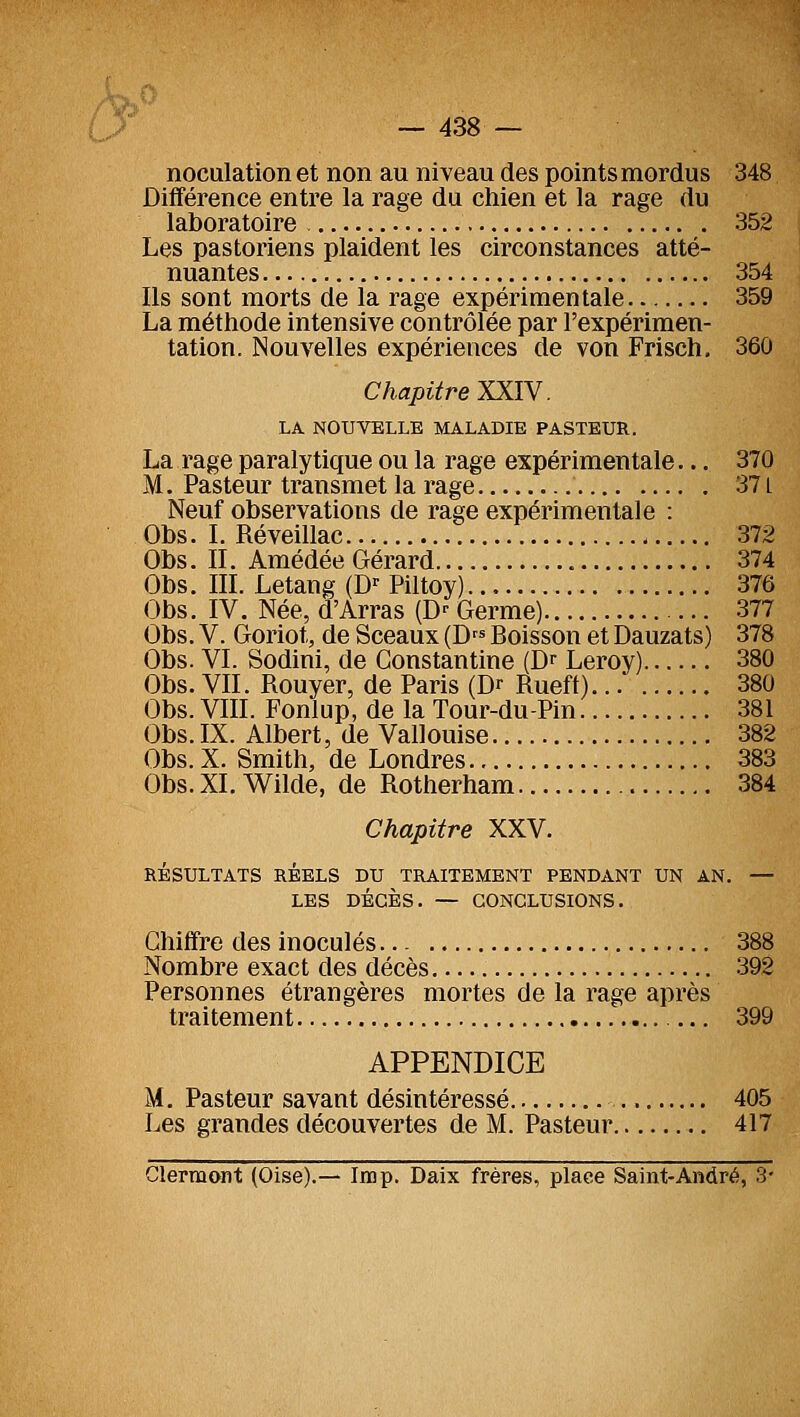 nocalation et non au niveau des points mordus 348 Différence entre la rage du chien et la rage du laboratoire 352 Les pastoriens plaident les circonstances atté- nuantes 354 Ils sont morts de la rage expérimentale 359 La méthode intensive contrôlée par l'expérimen- tation. Nouvelles expériences de von Frisch. 360 ChapitreXSlN. LA NOUVELLE MALADIE PASTEUR. La rage paralytique ou la rage expérimentale... 370 M. Pasteur transmet la rage 371 Neuf observations de rage expérimentale : Obs. L Réveillac 372 Obs. IL Amédée Gérard 374 Obs. III. Letang (D^ Piltoy) 376 Obs. IV. Née, d'Arras (D^ Germe) 377 Obs. V. Goriot, de Sceaux (D^^ Boisson et Dauzats) 378 Obs. VI. Sodini, de Gonstantine (Dr Leroy) 380 Obs. VIL Rouyer, de Paris (D^ Rueft) 380 Obs. VIII. Fonlup, de la Tour-du-Pin 381 Obs. IX. Albert, de Vallouise 382 Obs. X. Smith, de Londres 383 Obs. XL Wilde, de Rotherham 384 Chapitre XXV. RÉSULTATS RÉELS DU TRAITEMENT PENDANT UN AN. — LES DÉCÈS. — CONCLUSIONS. Chiffre des inoculés... 388 Nombre exact des décès 392 Personnes étrangères mortes de la rage après traitement 399 APPENDICE M. Pasteur savant désintéressé 405 Les grandes découvertes de M. Pasteur 417 Clermont (Oise).— Imp. Daix frères, place Saint-André, 3'