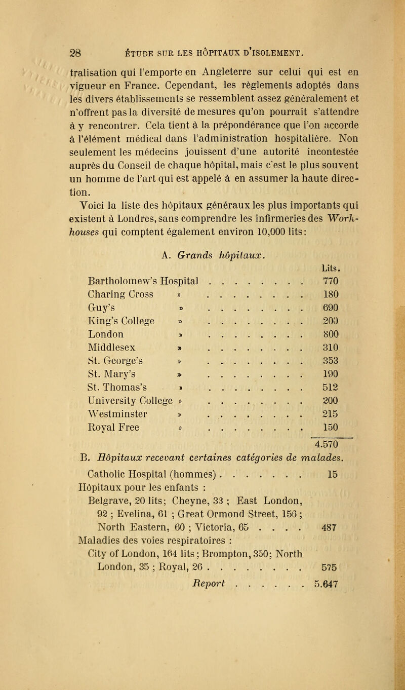 tralisation qui l'emporte en Angleterre sur celui qui est en vigueur en France. Cependant, les règlements adoptés dans les divers établissements se ressemblent assez généralement et n'offrent pas la diversité de mesures qu'on pourrait s'attendre à y rencontrer. Cela tient à la prépondérance que l'on accorde à l'élément médical dans l'administration hospitalière. Non seulement les médecins jouissent d'une autorité incontestée auprès du Conseil de chaque hôpital, mais c'est le plus souvent un homme de l'art qui est appelé à en assumer la haute direc- tion. Yoici la liste des hôpitaux généraux les plus importants qui existent à Londres, sans comprendre les infirmeries des Work- houses qui comptent également environ 10,000 lits: A. Grands hôpitaux. Lits. Bartholomew's Hospital 770 Charing Cross » 180 Guy's » 690 King's Collège » 200 London » BOO Middlesex » 310 St. George's » 353 St. Mary's » 190 St. Thomas's » 512 University Collège » 200 Westminster » . , 215 Royal Free » 150 4.570 B. Hôpitaux rececant certaines catégories de malades. Catholic Hospital (hommes) 15 Hôpitaux pour les enfants : Belgrave, 20 lits; Cheyne, 33 ; East London, 92 ; Evelina, 61 ; Great Ormond Street, 156 ; North Eastern, 60 ; Victoria, 65 ... . 487 Maladies des voies respiratoires : City of London, 164 lits ; Brompton, 350; North London, 35 ; Royal, 26 575