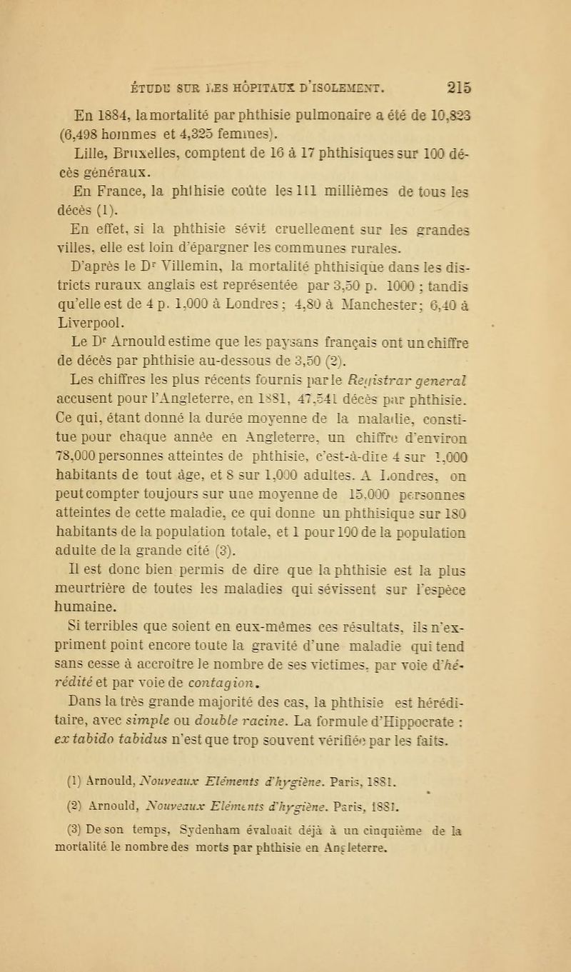 En 1884, la mortalité parphthisie pulmonaire a été de 10,823 (6,498 hojnmes et 4,325 femmes). Lille, Bruxelles, comptent de 16 à 17 phthisiques sur 100 dé- cès généraux. En France, la phlhisie coûte les 111 millièmes de tous les décès (I). En effet, si la phthisie sévit cruellement sur les grandes villes, elle est loin d'épargner les communes rurales. D'après le D^ Yillemin, la mortalité phthisiqiie dans les dis- tricts ruraux anglais est représentée par 3,50 p. 1000 ; tandis qu'elle est de 4 p. 1,000 à Londres ; 4,80 à Manchester; 6,40 à Liverpool. Le D Arnould estime que les paysans français ont un chiffre de décès par phthisie au-dessous de 3,50 (2). Les chiffres les plus récents fournis parle Reijistrar gênerai accusent pour l'Angleterre, en 1881, 47,541 décès par phthisie. Ce qui, étant donné la durée moyenne de la maladie, consti- tue pour chaque année en Angleterre, un chiffr») d'environ 78,000 personnes atteintes de phthisie, c'est-à-diie 4 sur 1,000 habitants de tout âge, et S sur 1,000 adultes. A Londres, on peut compter toujours sur une moyenne de 15,000 personnes atteintes de cette maladie, ce qui donne un phthisique sur 180 habitants de la population totale, et 1 pour 100 de la population adulte de la grande cité (3). Il est donc bien permis de dire que la phthisie est la plus meurtrière de toutes les maladies qui sévissent sur l'espèce humaine. Si terribles que soient en eux-mêmes ces résultats, ils n'ex- priment point encore toute la gravité d'une maladie qui tend sans cesse à accroître le nombre de ses victimes, par voie ^'hé- rédité et par voie de contagion. Dans la très grande majorité des cas, la phthisie est hérédi- taire, avec simi^le ou double racine. La formule d'Hippocrate : ex tahido tahidus n'est que trop souvent vérifîéo par les faits. (1) Arnould, iYoziv^di/.r Eléments d'hygiène. Parie». ISSI. (2) Arnould, Soiiveaiix Elémtnts d'hygiène. Paris, 1S8I. (3) De son temps, Sydenham évaluait déjà à un cinquième de la mortalité le nombre des morts parphthisie en Angleterre.