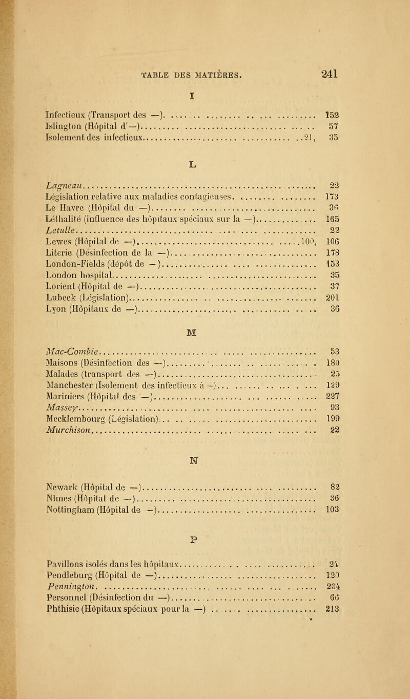 I Infectieux (Transport des —) 152 Islington (Hôpital d'—) 57 Isolement des infectieux 21, 35 L Lagneau 22 Législation relative aux maladies contagieuses 173 Le Havre (Hôpital du —) 3^> Léthalité (influence des hôpitaux spéciaux sur la —) 165 Letulle 22 Lewes (Hôpital de —) 100, 106 Literie (Désinfection de la —) 178 London-Fields (dépôt de — ) i53 London hospital 35 Lorient (Hôpital de —) 37 Lubeck (Législation) 201 Lyon (Hôpitaux de —) , .. 3'j M Mac-Combie 53 Maisons (Désinfection des —) ■ 180 Malades (transport des —) 2.') Manchester (Isolement des infectieux à -) 129 Mariniers (Hôpital des — ) 227 Massey 93 Mecklembourg (Législation) 199 Miirchison 22 M Newark (Hôpital de —) 82 Nîmes (Hôpital de —) 36 Nottingham (Hôpital de -) 103 P Pavillons isolés dans les hôpitaux 21 Pendleburg (Hôpital de —} 120 Pennin^ton 234 Personnel (Désinfection du —) Gi3 Phthisie (Hôpitaux spéciaux pour la —) .... 213