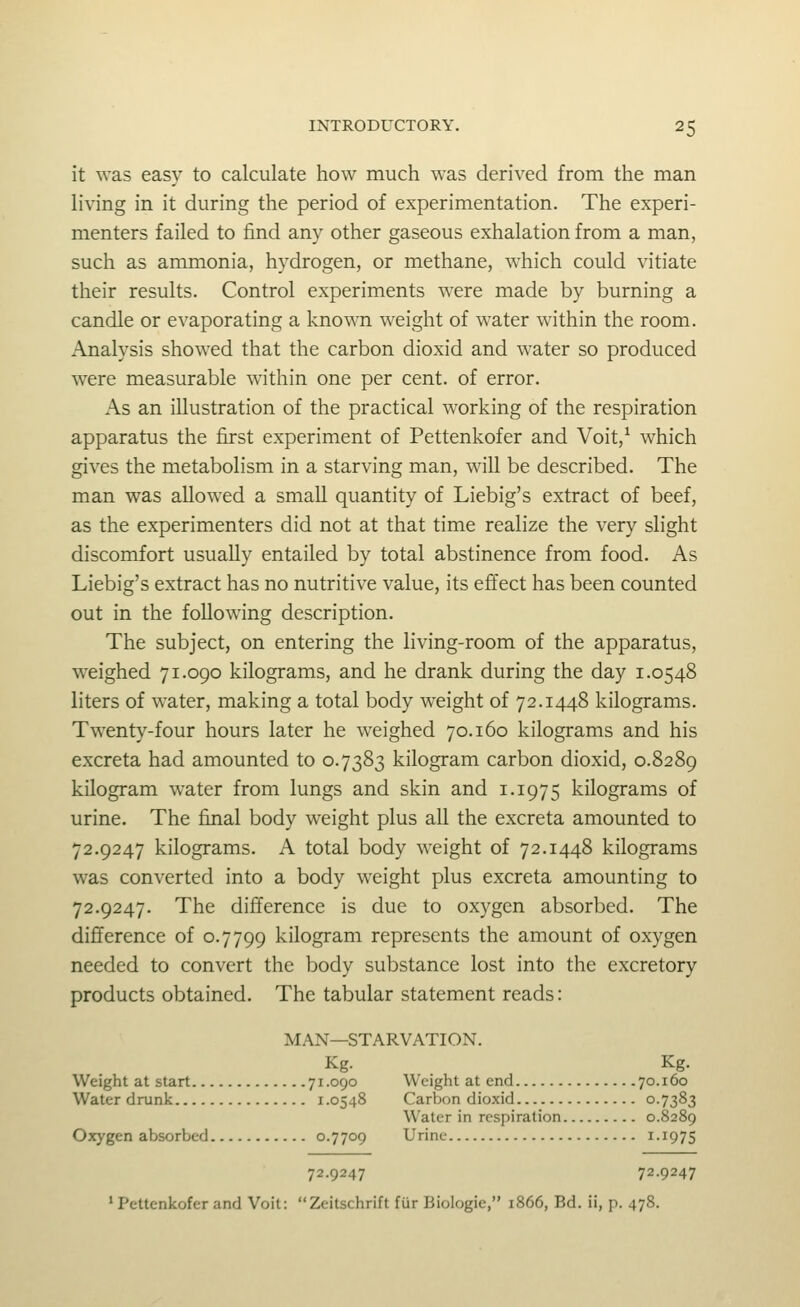 it was easy to calculate how much was derived from the man li\'ing in it during the period of experimentation. The experi- menters failed to find any other gaseous exhalation from a man, such as ammonia, hydrogen, or methane, which could vitiate their results. Control experiments were made by burning a candle or evaporating a known weight of water within the room. Analysis showed that the carbon dioxid and water so produced were measurable within one per cent, of error. As an illustration of the practical working of the respiration apparatus the first experiment of Pettenkofer and Voit,^ which gives the metabolism in a starving man, will be described. The man was allowed a small quantity of Liebig's extract of beef, as the experimenters did not at that time realize the very slight discomfort usually entailed by total abstinence from food. As Liebig's extract has no nutritive value, its effect has been counted out in the following description. The subject, on entering the living-room of the apparatus, weighed 71.090 kilograms, and he drank during the day 1.0548 liters of water, making a total body weight of 72.1448 kilograms. Twenty-four hours later he weighed 70.160 kilograms and his excreta had amounted to 0.7383 kilogram carbon dioxid, 0.8289 kilogram water from lungs and skin and 1-1975 kilograms of urine. The final body weight plus all the excreta amounted to 72.9247 kilograms. A total body weight of 72.1448 kilograms was converted into a body weight plus excreta amounting to 72.9247. The difference is due to oxygen absorbed. The difference of 0.7799 kilogram represents the amount of oxygen needed to convert the body substance lost into the excretory products obtained. The tabular statement reads: MAN—STARVATION. Kg. Kg. Weight at start 71.090 Weight at end 70.160 Water drunk 1.0548 Carbon dioxid 07383 Water in respiration 0.8289 Oxygen absorbed 0.7709 Urine i-i975 72.9247 72-9247