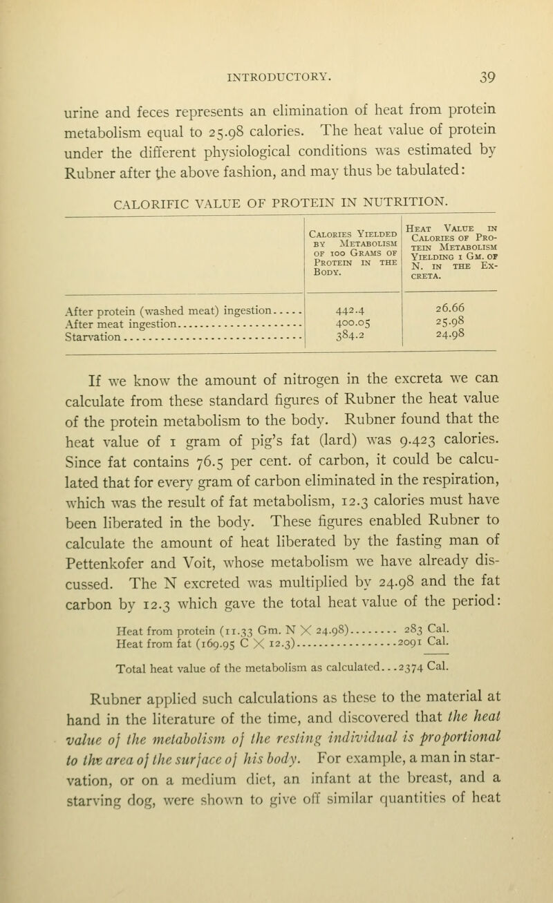 urine and feces represents an elimination of heat from protein metabolism equal to 25.98 calories. The heat value of protein under the different physiological conditions was estimated by Rubner after the above fashion, and may thus be tabulated: CALORIFIC VALUE OF PROTEIN IN NUTRITION. Calokies Yielded BY Metabolism OF 100 Grams of Protein in the Body. Heat Value in Calories of Pro- tein Metabolism Yielding i Gm. or N. IN THE Ex- creta. After protein (washed meat) ingestion After meat ingestion Starvation 26.66 25.98 24.98 If we know the amount of nitrogen in the excreta we can calculate from these standard figures of Rubner the heat value of the protein metabolism to the body. Rubner found that the heat value of i gram of pig's fat (lard) was 9.423 calories. Since fat contains 76.5 per cent, of carbon, it could be calcu- lated that for every gram of carbon eliminated in the respiration, which was the result of fat metabolism, 12.3 calories must have been liberated in the body. These figures enabled Rubner to calculate the amount of heat liberated by the fasting man of Pettenkofer and Voit, whose metabolism we have already dis- cussed. The N excreted was multiplied by 24.98 and the fat carbon by 12.3 which gave the total heat value of the period: Heat from protein (11.33 Gm. N X 24.98) 283 Cal. Heat from fat (169.95 C X 12.3) 2091 Cal. Total heat value of the metabolism as calculated.. .2374 Cal. Rubner applied such calculations as these to the material at hand in the literature of the time, and discovered that the heat value 0} the metabolism of the resting individual is proportional to tht area of the surjace 0} his body. For example, a man in star- vation, or on a medium diet, an infant at the breast, and a starving dog, were shown to give off similar quantities of heat