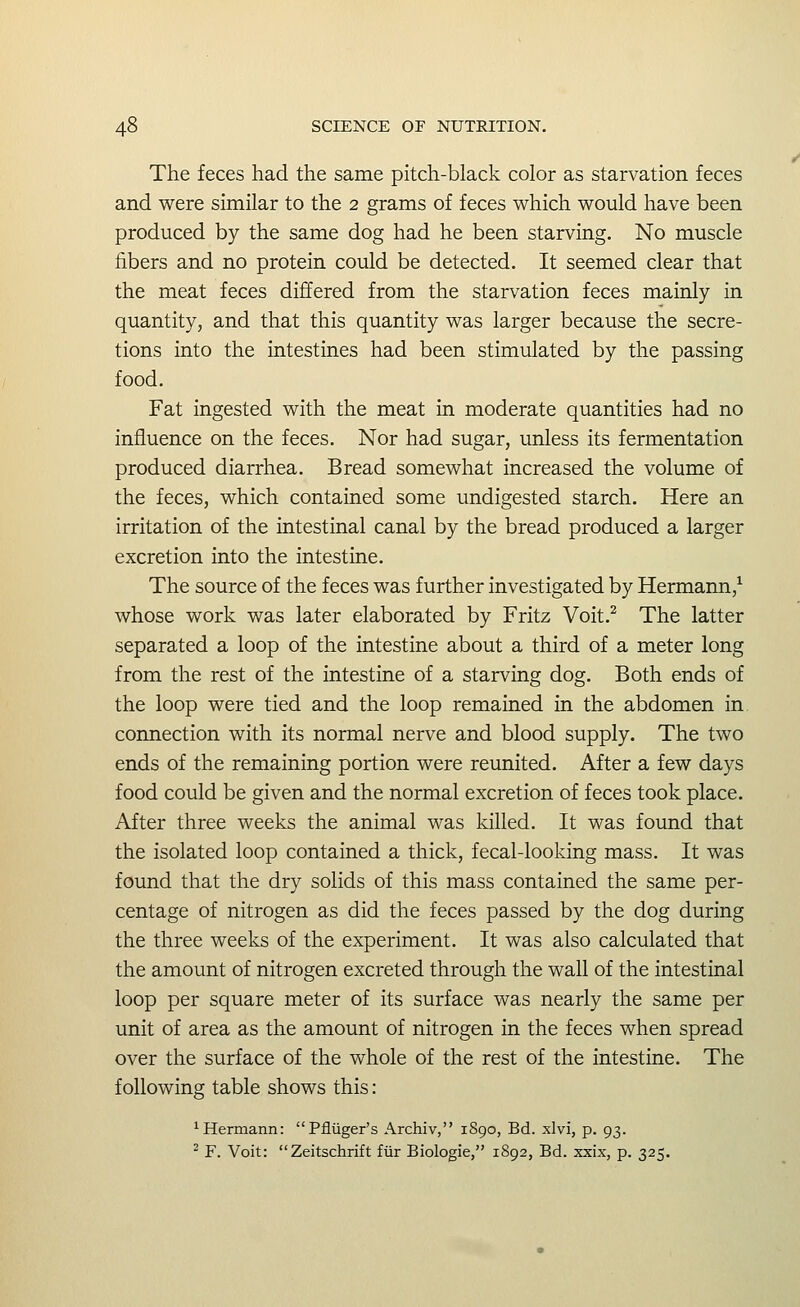 The feces had the same pitch-black color as starvation feces and were similar to the 2 grams of feces which would have been produced by the same dog had he been starving. No muscle fibers and no protein could be detected. It seemed clear that the meat feces differed from the starvation feces mainly in quantity, and that this quantity was larger because the secre- tions into the intestines had been stimulated by the passing food. Fat ingested with the meat in moderate quantities had no influence on the feces. Nor had sugar, unless its fermentation produced diarrhea. Bread somewhat increased the volume of the feces, which contained some undigested starch. Here an irritation of the intestinal canal by the bread produced a larger excretion into the intestine. The source of the feces was further investigated by Hermann,^ whose work was later elaborated by Fritz Voit.^ The latter separated a loop of the intestine about a third of a meter long from the rest of the intestine of a starving dog. Both ends of the loop were tied and the loop remained in the abdomen in connection with its normal nerve and blood supply. The two ends of the remaining portion were reunited. After a few days food could be given and the normal excretion of feces took place. After three weeks the animal was killed. It was found that the isolated loop contained a thick, fecal-looking mass. It was found that the dry solids of this mass contained the same per- centage of nitrogen as did the feces passed by the dog during the three weeks of the experiment. It was also calculated that the amount of nitrogen excreted through the wall of the intestinal loop per square meter of its surface was nearly the same per unit of area as the amount of nitrogen in the feces when spread over the surface of the whole of the rest of the intestine. The following table shows this: ^Hermann: Pfliiger's Archiv, 1890, Bd. xlvi, p. 93. ^ F. Voit: Zeitschrift fiir Biologic, 1892, Bd. xxix, p. 325.