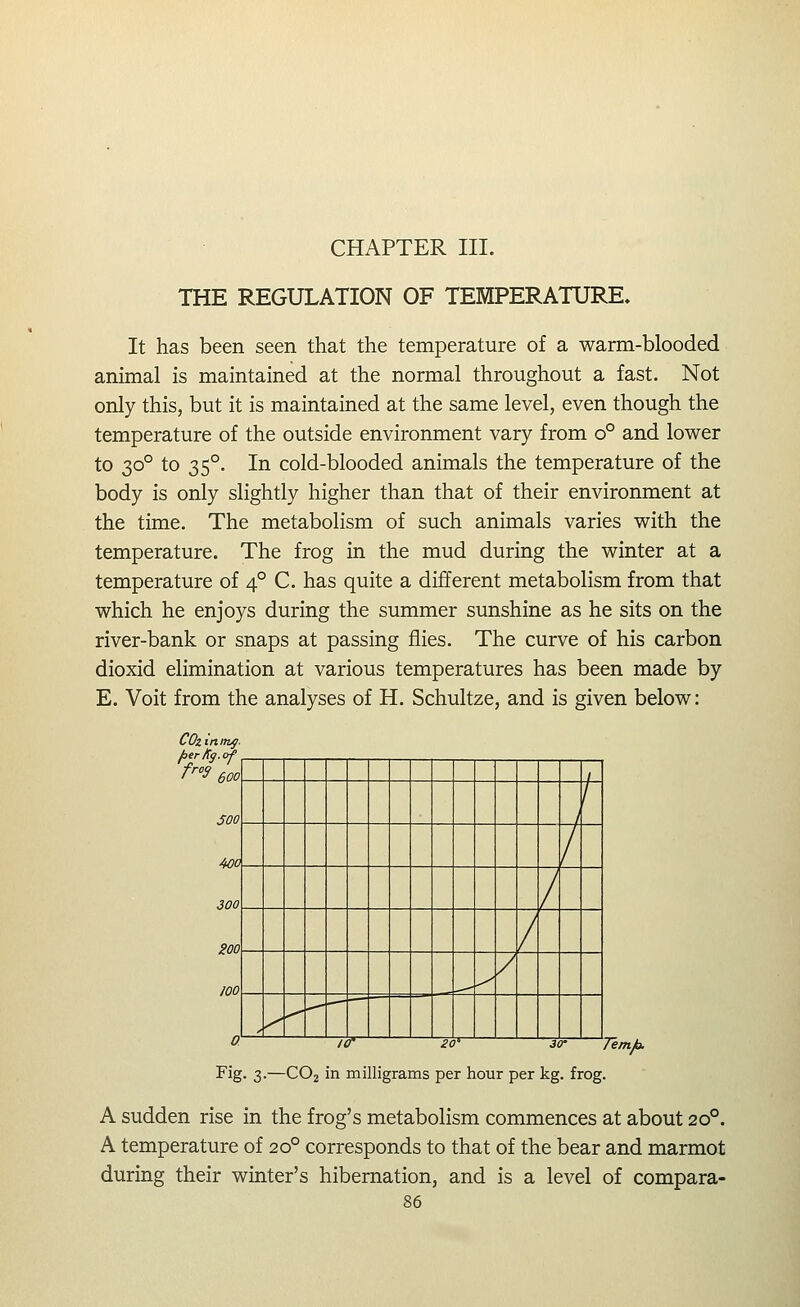 CHAPTER III. THE REGULATION OF TEMPERATURE. It has been seen that the temperature of a warm-blooded animal is maintained at the normal throughout a fast. Not only this, but it is maintained at the same level, even though the temperature of the outside environment vary from o° and lower to 30° to 35°. In cold-blooded animals the temperature of the body is only slightly higher than that of their environment at the time. The metabolism of such animals varies with the temperature. The frog in the mud during the winter at a temperature of 4° C. has quite a different metabolism from that which he enjoys during the summer sunshine as he sits on the river-bank or snaps at passing flies. The curve of his carbon dioxid elimination at various temperatures has been made by E. Voit from the analyses of H. Schultze, and is given below: COzinmff. f>er/!g.cf SOO 4C0. 300 200 100 o 7^* JcT'^ 30- Temjo. Fig. 3.—CO2 in milligrams per hour per kg. frog. A sudden rise in the frog's metabolism commences at about 20°. A temperature of 20° corresponds to that of the bear and marmot during their winter's hibernation, and is a level of compara-