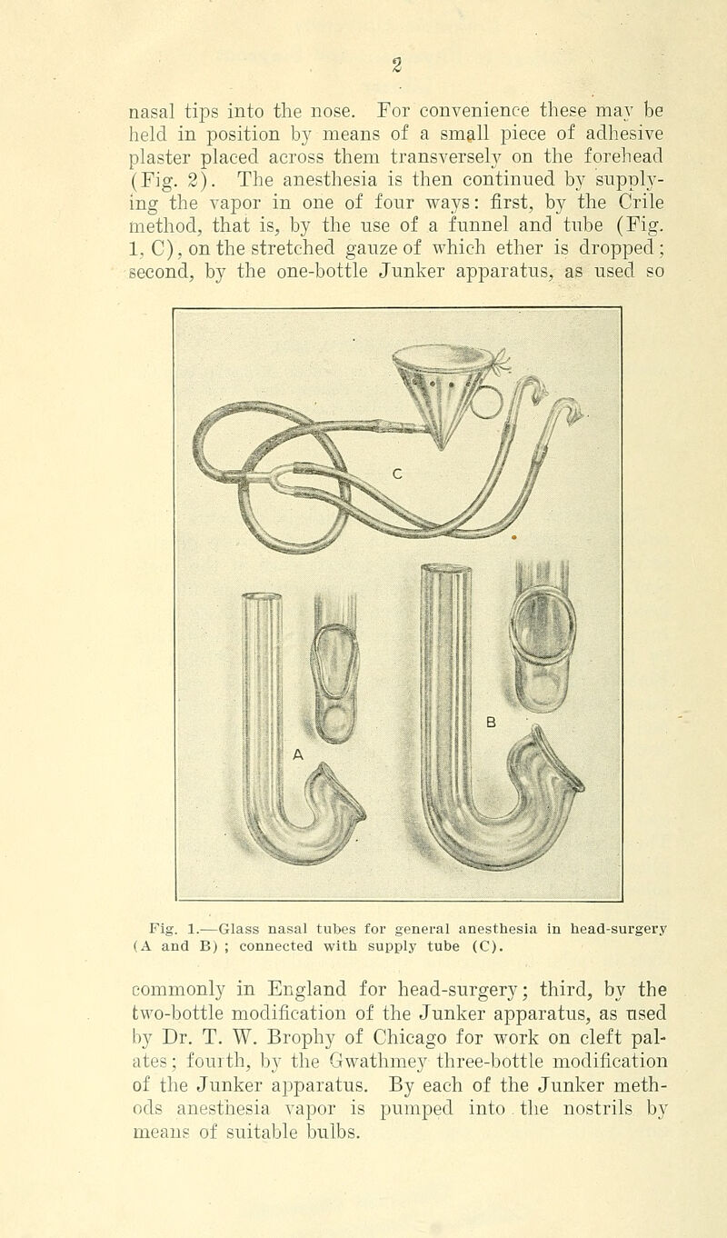 s nasal tips into the nose. For convenience these may be held in position by means of a small piece of adhesive plaster placed across them transversely on the forehead (Fig. 2). The anesthesia is then continued by supply- ing the vapor in one of four ways: first, by the Crile method, that is, by the use of a funnel and tube (Fig. 1, C), on the stretched gauze of which ether is dropped; second, by the one-bottle Junker apparatus, as used so Fig. 1.—Glass nasal tubes for general anesthesia in head-surgery (A and B) ; connected with supply tube (C). commonly in England for head-surgery; third, by the two-bottle modification of the Junker apparatus, as used by Dr. T. W. Brophy of Chicago for work on cleft pal- ates; fourth, by the Gwathmey three-bottle modification of the Junker apparatus. By each of the Junker meth- ods anesthesia vapor is pumped into the nostrils by means of suitable bulbs.