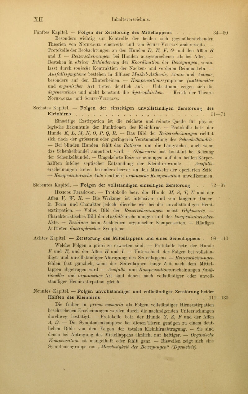 Pünites Kapitel. — Folgen der Zerstörung des Mittellappens 34—50 Besonders wicbtit;' zur Kontrolle der beidi'n sieh gegenüberstehenden Theorien von Notiinaukl einerseits und vun ScfflFF-VuLrux andererseits. — Protokolle der Beobachtungen an den Hnnden D, E, F, G und den Affen H und I. — Reizerscheinuinjoi bei Hunden ausgesprochener als bei Affen. — Bestehen in akticer Behinderung der Koordination der Bewegungen, veran- lasst durch tonische Kontraktion der Nacken- und vorderen Beinmuskeln. — Aiisfcdlssymptome bestehen in diffuser Muskel-Ästhenie, Atonie und Astasie, besonders auf den Hinterbeinen. — Koinpensationssjm\)ti>me fimldionélìer und organischer Art treten deutlich auf. — Unbestimmt zeigen sich di(^ degenerativen und nicht konstant die dystrophischen. — Kritik der Theorie Nothnagels imd Schiff-Vvlpians. Sechstes Kaj)itel. — Folgen der einseitigen unvollständigen Zerstörung des Kleinhirns öl—71 Einseitige Exstirpation ist die reichste und reinste Quelle für physio- logische Erkenntnis der Funktionen des Kleinhirns. — Protokolle betr. der Hunde K, L, 21, N, 0, P, Q, B. — Das Bild der Beizerscheinungen richtet sich nach der grösseren oder geringeren Verstümmelung des Schenkelbündels. — Bei blinden Hunden fehlt das Botieren um die Längsachse, auch veenn das Schenkelbündel amputiert wird. — Glykosurie fast konstant bei Eeizung der Schenkelbündel. — Umgekehrte Eeizerscheinungen auf den beiden Körper- hälften infolge septischer Entzündung der Kleinhirnwunde. — Ausfalls- erscheinungen treten besonders hervor an den Muskeln der operierten Seite. — Kompensatorische Akte deutlich; organische Kompensation unvollkommen. Siebentes Kapitel. — Folgen der vollständigen einseitigen Zerstörung . . 72—97 Hesiods Paradoxon. — Protokolle betr. der Hunde 21, 8, T, ü und der Affen V, W, X. — Die Wirkung ist intensiver und von längerer Dauer; in Form und Charakter jedoch dieselbe wie bei der unvollständigen Hemi- exstirpation. — Volles Bild der Beizerscheinungen nebst Glykosurie. — Charakteristisches Bild der J.its/'oWserscheinungen und der kompensatorischen Akte. — Besiduen beim Ausbleiben organischer Kompensation. — Häufiges Auftreten dystrophischer Symptome. Achtes Kapitel. — Zerstörung des Mittellappens und eines Seitenlappens . 1)8—110 Welche Folgen a priori zu erwarten sind. — Protokolle betr. der Hunde F und E, und der Affen H und I. — Unterschied der Folgen bei vollstän- diger und unvollständiger Abtragung des Seitenlappens. — Beizerscheinungen fehlen fast gänzlich, wenn der Seitenlappen lange Zeit nach dem Mittel- lappen abgetragen wird. — Amfalls- und Kompensatioiiser&cheimmgun funk- tioneller und organischer Art sind denen nach vollständiger oder unvoll- ständiger Hemiexstirpation gleich. Neuntes -Kapitel. — Folgen unvollständiger und vollständiger Zerstörung beider Hälften des Kleinhirns 111—130 Die früher in prima memoria als Folgen vollständiger Hirnexstirpation beschriebenen Erscheinungen werden durch die nachfolgenden Untersuchungen durchweg bestätigt. — Protokolle betr. der Hunde Y, Z, F und der Affen ^, O. — Die Symptomenkomplexe bei diesen Tieren genügen zu einem deut- lichen Bilde von den Folgen der totalen Kleinhirnabtragung. — Sie sind denen bei Abtragung des Mittellappens ähnlich, nur heftiger. — Organische Kompensation ist mangelhaft oder fehlt ganz. — Bisweilen zeigt sich eini' Sjinptomengruppe von „2Iasslosigkeit der Bewegungen (Bysmetrie).