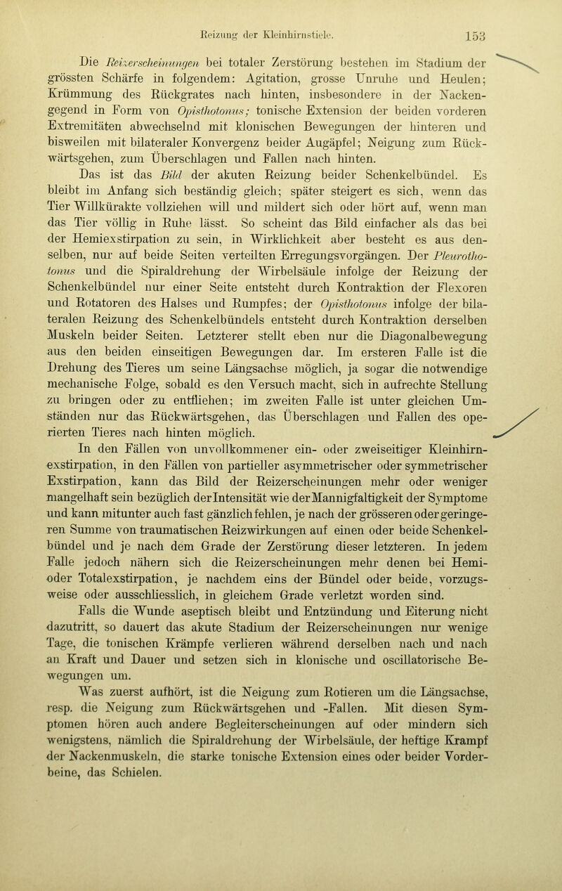 Die Reizersch&immgen bei totaler Zerstörung bestehen im Stadium der grössten Schärfe in folgendem: Agitation, grosse Unruhe und Heulen; Krümmung des Rückgrates nach hinten, insbesondere in der Nacken- gegend in Form von Opisthotonus; tonische Extension der beiden vorderen Extremitäten abwechselnd mit klonischen Bewegungen der hinteren und bisweilen mit bilateraler Konvergenz beider Augäpfel; Neigung zum Rück- wärtsgehen, zum Überschlagen und Fallen nach hinten. Das ist das Bild der akuten Reizung beider Schenkelbündel. Es bleibt im Anfang sich beständig gleich; später steigert es sich, wenn das Tier Willkürakte vollziehen will und mildert sich oder hört auf, wenn man das Tier völlig in Ruhe lässt. So scheint das Bild einfacher als das bei der Hemiexstirpation zu sein, in Wirklichkeit aber besteht es aus den- selben, nur auf beide Seiten verteilten Erregungsvorgängen. Der Pleurotho- ionus und die Spiraldrehung der Wirbelsäule infolge der Reizung der Schenkelbündel nur einer Seite entsteht durch Kontraktion der Flexoren und Rotatoren des Halses und Rumpfes; der Opisthotonus infolge der bila- teralen Reizung des Schenkelbündels entsteht durch Kontraktion derselben Muskeln beider Seiten. Letzterer stellt eben nur die Diagonalbewegung aus den beiden einseitigen Bewegungen dar. Im ersteren Falle ist die Drehung des Tieres um seine Längsachse möglich, ja sogar die notwendige mechanische Folge, sobald es den Versuch macht, sich in aufrechte Stellung zw bringen oder zu entfliehen; im zweiten Falle ist unter gleichen Um- ständen nur das Rückwärtsgehen, das überschlagen und Fallen des ope- rierten Tieres nach hinten möglich. Li den Fällen von unvollkommener ein- oder zweiseitiger Kleinhirn- exstirpation, in den Fällen von partieller asymmetrischer oder symmetrischer Exstirpation, kann das Bild der Reizerscheinungen mehr oder weniger mangelhaft sein bezüglich der Intensität wie der Mannigfaltigkeit der Symptome und kann mitunter auch fast gänzlich fehlen, je nach der grösseren oder geringe- ren Summe von traumatischen Reizwirkungen auf einen oder beide Schenkeln bündel und je nach dem Grade der Zerstörung dieser letzteren. In jedem Falle jedoch nähern sich die Reizerscheinungen mehr denen bei Hemi- oder Totalexstirpation, je nachdem eins der Bündel oder beide, vorzugs- weise oder ausschliesslich, in gleichem Grrade verletzt worden sind. Falls die Wunde aseptisch bleibt und Entzündung und Eiterung nicht dazutritt, so dauert das akute Stadium der Reizerscheinungen nur wenige Tage, die tonischen Krämpfe verlieren während derselben nach und nach an Kraft und Dauer und setzen sich in klonische und oscillatorische Be- wegungen um. Was zuerst aufhört, ist die Neigung zum Rotieren um die Längsachse, resp. die Neigung zum Rückwärtsgehen und -Fallen. Mit diesen Sym- ptomen hören auch andere Begleiterscheinungen auf oder mindern sich wenigstens, nämlich die Spiraldrehung der Wirbelsäule, der heftige Krampf der Nackenmuskeln, die starke tonische Extension eines oder beider Vorder- beine, das Schielen.