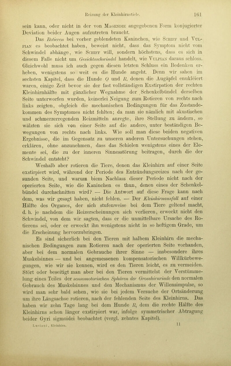 sein kann, oder nicht in der von Magendie angegebenen Form konjugierter Deviation beider Augen aufzutreten braucht. Das Rotieren bei vorher geblendeten Kaninchen, wie Schiff und Vul- piAN es beobachtet haben, beweist nicht, dass das Symptom nicht vom Schwindel abhänge, wie Schiff will, sondern höchstens, dass es sich in diesem Falle nicht um GesicUsschwindel handelt, wie Yiilpian daraus schloss. Grieichwohl muss ich auch gegen diesen letzten Schluss ein Bedenken er- heben, wenigstens so weit es die Hunde angeht. Denn wir sahen im sechsten Kapitel, dass die Hunde Q und i?, denen die Augäpfel enukleiert waren, einige Zeit bevor sie der fast vollständigen Exstirpation der rechten Kleinhirnhälfte mit gänzlicher Wegnahme der , Schenkelbündel derselben Seite unterworfen wurden, keinerlei Neigung zum Eotieren von rechts nach links zeigten, obgleich die mechanischen Bedingungen für das Zustande- kommen des Symptomes nicht fehlten; da man sie nämlich mit akustischen und schmerzerregenden KeizmitteLn anregte, ihre Stellung zu ändern, so wälzten sie sich von einer Seite auf die andere, unter beständigen Be- wegungen von rechts nach links. Wie soll man diese beiden negativen Ergebnisse, die im Gegensatz zu unseren anderen Untersuchungen stehen, erklären, ohne anzunehmen, dass das Schielen wenigstens eines der Ele- mente sei, die zu der inneren Sinnesstörung beitragen, durch die der Schwindel entsteht? Weshalb aber rotieren die Tiere, denen das Kleinhirn auf einer Seite exstirpiert wird, während der Periode des Entzündungsreizes nach der ge- sunden Seite, und warum biem Nachlass dieser Periode nicht nach der operierten Seite, wie die Kaninchen es thun, denen eines der Schenkel- bündel durchschnitten wird? — Die Antwort auf diese Frage kann nach dem, was V7ir gesagt haben, nicht fehlen. — Der Kleinliirnausfall auf einer Hälfte des Organes, der sich stufenweise bei dem Tiere geltend macht, d. h. je nachdem die Keizerscheinungen sich vertieren, erweckt nicht den Schwindel, von dem wir sagten, dass er die unmittelbare Ursache des Ko- tierens sei, oder er erweckt ihn wenigstens nicht in so heftigem Grade, um die Erscheinung hervorzubringen. Es sind sicherlich bei den Tieren mit halbem Eleinhirn die mecha- nischen Bedingungen zum Kotieren nach der operierten Seite vorhanden, aber bei dem normalen Gebrauche ihrer Sinne — insbesondere ihres Muskelsinnes — und bei angemessenen kompensatorischen Willkürbewe- gungen, wie wir sie kennen, wird es den Tieren leicht, es zu vermeiden. Stört oder beseitigt man aber bei den Tieren vermittelst der Yerstümme- lung eines Teiles der sensomotorischen Sj^hären der Grosshirnrinde dennoimaleii Gebrauch des Muskelsinnes and den Mechanismus der Willensimpulse, so wird man sehr bald sehen, wie sie bei jedem Versuche der Ortsänderung um ihre Längsachse rotieren, nach der fehlenden Seite des Kleinhirns. Das haben wir zehn Tage lang bei dem Hunde /i', dem die rechte Hälfte des Kleinhirns schon länger exstirpiert war, infolge symmetrischer Abtragung beider Gyri sigmoidei beobachtet (vergi, zehntes Kapitel). r.ucia II i , Kl''iiiliini. ' ^