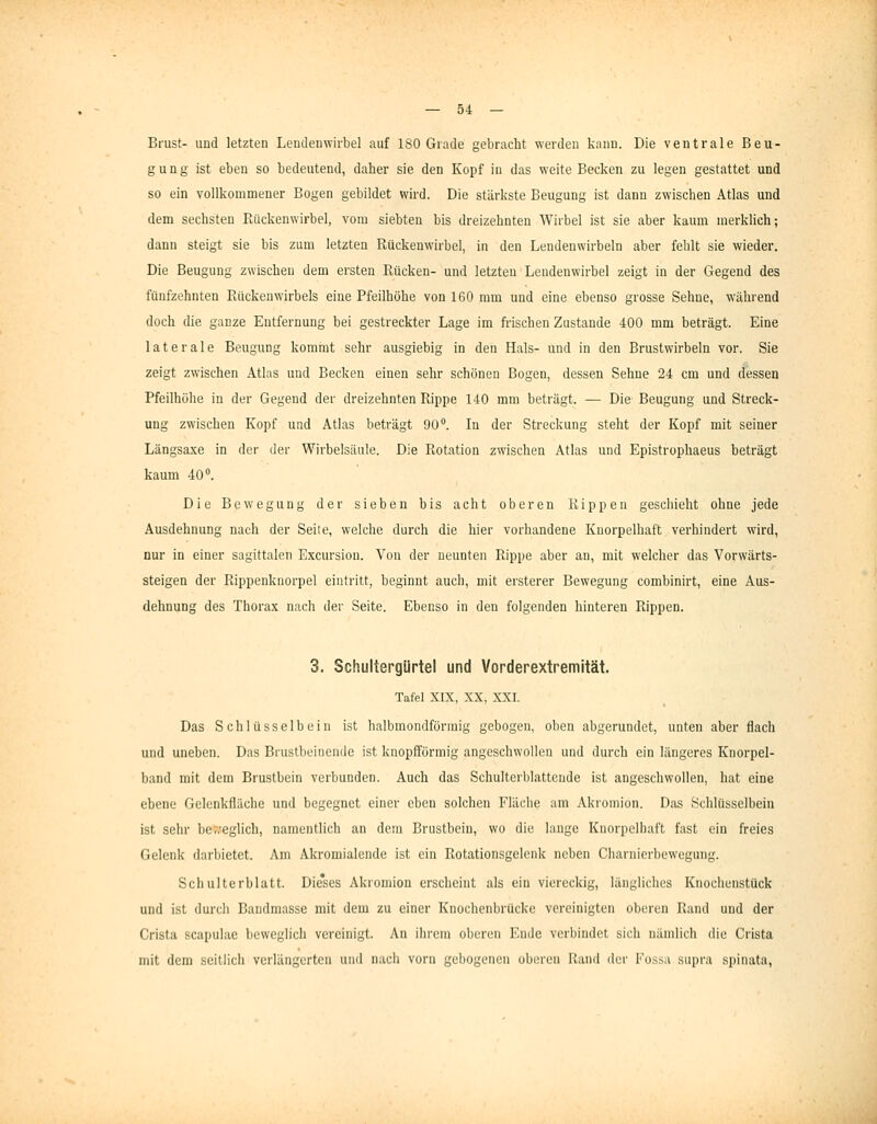 Brust- und letzten Lendenwiibel auf ISO Grade gebracht werden kann. Die ventrale Beu- gung ist eben so bedeutend, daher sie den Kopf in das weite Becken zu legen gestattet und so ein vollkommener Bogen gebildet wird. Die stärkste Beugung ist dann zwischen Atlas und dem sechsten Rückenwirbel, vom siebten bis dreizehnten Wirbel ist sie aber kaum merklich; dann steigt sie bis zum letzten Rückenwirbel, in den Lendenwirbeln aber fehlt sie wieder. Die Beugung zwischen dem ersten Rücken- und letzten Lendenwirbel zeigt in der Gegend des fünfzehnten Rückenwirbels eine Pfeilhöhe von 160 mm und eine ebenso grosse Sehne, während doch die ganze Entfernung bei gestreckter Lage im frischen Zustande 400 mm beträgt. Eine laterale Beugung kommt sehr ausgiebig in den Hals- und in den Brustwirbeln vor. Sie zeigt zwischen Atlas und Becken einen sehr schönen Bogen, dessen Sehne 24 cm und dessen Pfeilhöhe in der Gegend der dreizehnten Rippe 140 mm beträgt. — Die Beugung und Streck- ung zwischen Kopf und Atlas beträgt 90. In der Streckung steht der Kopf mit seiner Längsaxe in der der Wirbelsäule. Die Rotation zwischen Atlas und Epistrophaeus beträgt kaum 40°. Die Bewegung der sieben bis acht oberen Kippen geschieht ohne jede Ausdehnung nach der Seite, welche durch die hier vorhandene Knorpelhaft verhindert wird, nur in einer sagittalen Excursion. Von der neunten Rippe aber an, mit welcher das Vorwärts- steigen der Rippenknorpel eintritt, beginnt auch, mit ersterer Bewegung combinirt, eine Aus- dehnung des Thorax nach der Seite. Ebenso in den folgenden hinteren Rippen. 3. Schultergürtel und Vorderextremität. Tafel XIX, XX, XXI. Das Schlüsselbein ist halbmondförmig gebogen, oben abgerundet, unten aber flach und uneben. Das Brustbeinende ist knopffürmig angeschwollen und durch ein längeres Knorpel- band mit dem Brustbein verbunden. Auch das Schulterlilattcnde ist angeschwollen, hat eine ebene Gelenkfläche und begegnet einer eben solchen Fläche am Akromion. Das Schlüsselbein ist sehr ber,'eglich, namentlich an dem Brustbein, wo die lange Knorpelhaft fast ein freies Gelenk darbietet. Am Akromialende ist ein Rotationsgelcnk neben Charnierbewegung. Schulterblatt. Dieses Akromion erscheint als ein viereckig, längliches Knoclienstück und ist durch Bandmasse mit dem zu einer Knochenbrücke vereinigten oberen Rand und der Crista scapulae beweglich vereinigt. An ihrem oberen Ende verbindet sich nämlich die Crista mit dem seitlich verlängerten und nach vorn gebogenen oberen Rand dei' Foss.i siipra spinata,