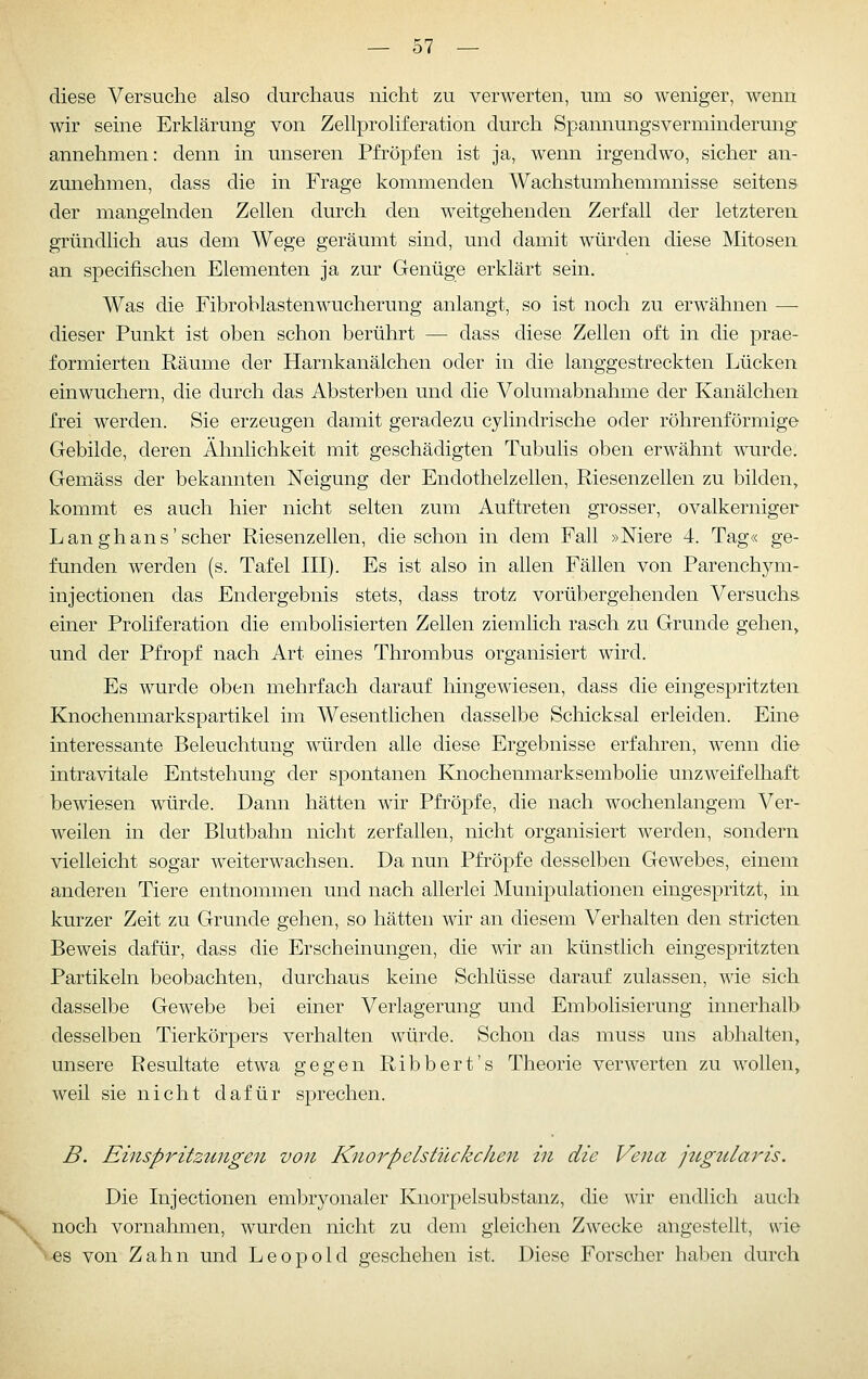 diese Versuche also durchaus nicht zu verwerten, um so weniger, wenn wir seine Erklärung von Zellproliferation durch Spannungsverminderung annehmen: denn in unseren Pfropfen ist ja, wenn irgendwo, sicher an- zunehmen, dass die in Frage kommenden Wachstumhemmnisse seitenS' der mangelnden Zellen durch den weitgehenden Zerfall der letzteren gründlich aus dem Wege geräumt sind, und damit würden diese Mitosen an specifischen Elementen ja zur Genüge erklärt sein. Was die Fibroblastenwucherung anlangt, so ist noch zu erwähnen — dieser Punkt ist oben schon berührt — dass diese Zellen oft in die prae- formierten Räume der Harnkanälchen oder in die langgestreckten Lücken einwuchern, die durch das Absterben und die Volumabnahme der Kanälchen frei werden. Sie erzeugen damit geradezu cylindrische oder röhrenförmige Gebilde, deren Ähnlichkeit mit geschädigten Tubulis oben erwähnt wurde. Gemäss der bekannten Neigung der Endothelzellen, Riesenzellen zu bilden, kommt es auch hier nicht selten zum Auftreten grosser, ovalkerniger Langhans'scher Riesenzellen, die schon in dem Fall »Niere 4. Tag« ge- funden werden (s. Tafel III). Es ist also in allen Fällen von Parenchym- injectionen das Endergebnis stets, dass trotz vorübergehenden Versuchs, einer Proliferation die embolisierten Zellen ziemlich rasch zu Grunde gehen, und der Pfropf nach Art eines Thrombus organisiert wird. Es wurde oben mehrfach darauf hingewiesen, dass die eingespritzten Knochenmarkspartikel im Wesentlichen dasselbe Schicksal erleiden. Eine interessante Beleuchtung würden alle diese Ergebnisse erfahren, wenn die intravitale Entstehung der spontanen Knochenmarksembolie unzweifelhaft bewiesen würde. Dann hätten wir Pfropfe, die nach wochenlangem Ver- weilen in der Blutbahn nicht zerfallen, nicht organisiert werden, sondern vielleicht sogar weiterwachsen. Da nun Pfropfe desselben Gewebes, einem anderen Tiere entnommen und nach allerlei Munipulationen eingespritzt, in kurzer Zeit zu Grunde gehen, so hätten wir an diesem Verhalten den stricten Beweis dafür, dass die Erscheinungen, die wir an künstlich eingespritzten Partikeln beobachten, durchaus keine Schlüsse darauf zulassen, wie sich dasselbe Gewebe bei einer Verlagerung und Embolisierung innerhalb desselben Tierkörpers verhalten würde. Schon das muss uns abhalten, unsere Resultate etwa gegen Ribbert's Theorie verwerten zu wollen, weil sie nicht dafür sprechen. B. Einspritzungen von Knorpelstückcken in die Vena jzLgularis. Die Injectionen embryonaler Kuorpelsubstanz, die wir endlich auch noch vornahmen, wurden nicht zu dem gleichen Zwecke angestellt, wie es von Zahn und Leopold geschehen ist. Diese Forscher haben durch