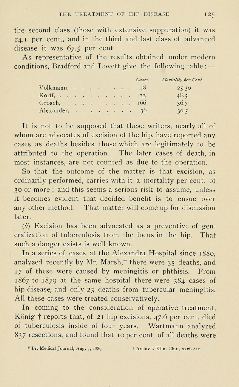 the second class (those with extensive suppuration) it was 24.1 per cent., and in the third and last class of advanced disease it was 67.5 per cent. As representative of the results obtained under modern conditions, Bradford and Lovett give the following table: — Cases. Mortality per Cent. Volkmann, 48 25.30 Korff, 33 48.5 Grosch, 166 36.7 Alexander, . 36 30.5 It is not to be supposed that these writers, nearly all of whom are advocates of excision of the hip, have reported any cases as deaths besides those which are legitimately to be attributed to the operation. The later cases of death, in most instances, are not counted as due to the operation. So that the outcome of the matter is that excision, as ordinarily performed, carries with it a mortality per cent, of 30 or more ; and this seems a serious risk to assume, unless it becomes evident that decided benefit is to ensue over any other method. That matter will come up for discussion later. {b) Excision has been advocated as a preventive of gen- eralization of tuberculosis from the focus in the hip. That such a danger exists is well known. In a series of cases at the Alexandra Hospital since 1880, analyzed recently by Mr. Marsh,* there were 35 deaths, and 17 of these were caused by meningitis or phthisis. From 1867 to 1879 3.t the same hospital there were 384 cases of hip disease, and only 23 deaths from tubercular meningitis. All these cases were treated conservatively. In coming to the consideration of operative treatment, Konig t reports that, of 21 hip excisions, 47.6 per cent, died of tuberculosis inside of four years. Wartmann analyzed 837 resections, and found that 10 per cent, of all deaths were * Br. Medical Journal, Aug. 3, 1889. t Arcliiv f. Klin. Chir., xxvi. 822.
