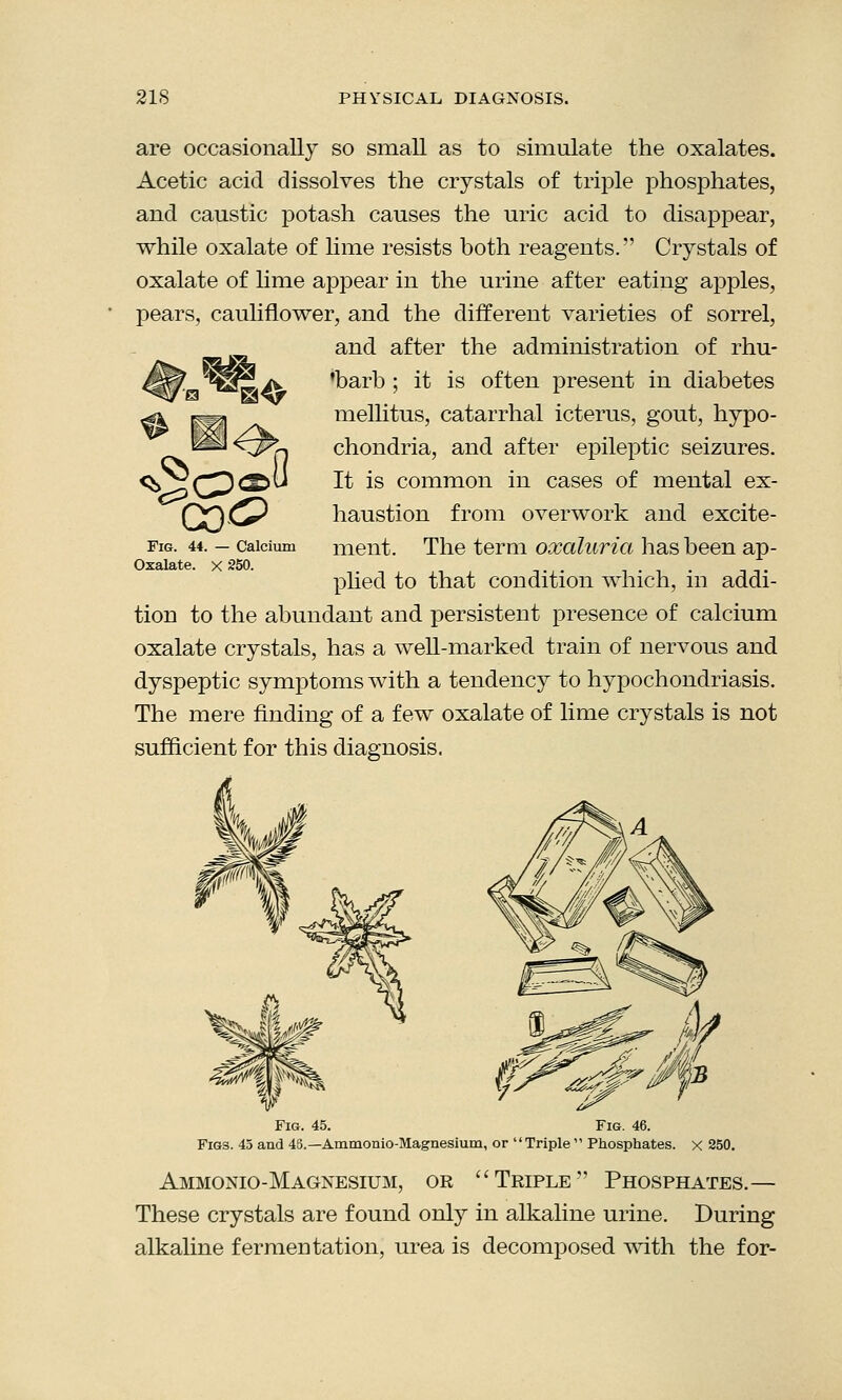 are occasionally so small as to simulate the oxalates. Acetic acid dissolves the crystals of triple phosphates, and caustic potash causes the uric acid to disappear, while oxalate of lime resists both reagents. Crystals of oxalate of lime appear in the urine after eating apples, pears, cauliflower, and the different varieties of sorrel, . and after the administration of rhu- 'barb ; it is often present in diabetes mellitus, catarrhal icterus, gout, hypo- chondria, and after epileptic seizures. It is common in cases of mental ex- haustion from overwork and excite- ment. The term oxaluria has been ap- plied to that condition which, in addi- tion to the abundant and persistent presence of calcium oxalate crystals, has a well-marked train of nervous and dyspeptic symptoms with a tendency to hypochondriasis. The mere finding of a few oxalate of lime crystals is not sufficient for this diagnosis. i ^S4/ Fig. 44. — Calcium Oxalate, x 250. Fig. 45. Fig. 46. Figs. 45 and 45.— Ammonio-Magnesium, or Triple  Phosphates, x 250. Ammonio-Magnesium, or Triple Phosphates.— These crystals are found only in alkaline urine. During alkaline fermentation, urea is decomposed with the for-