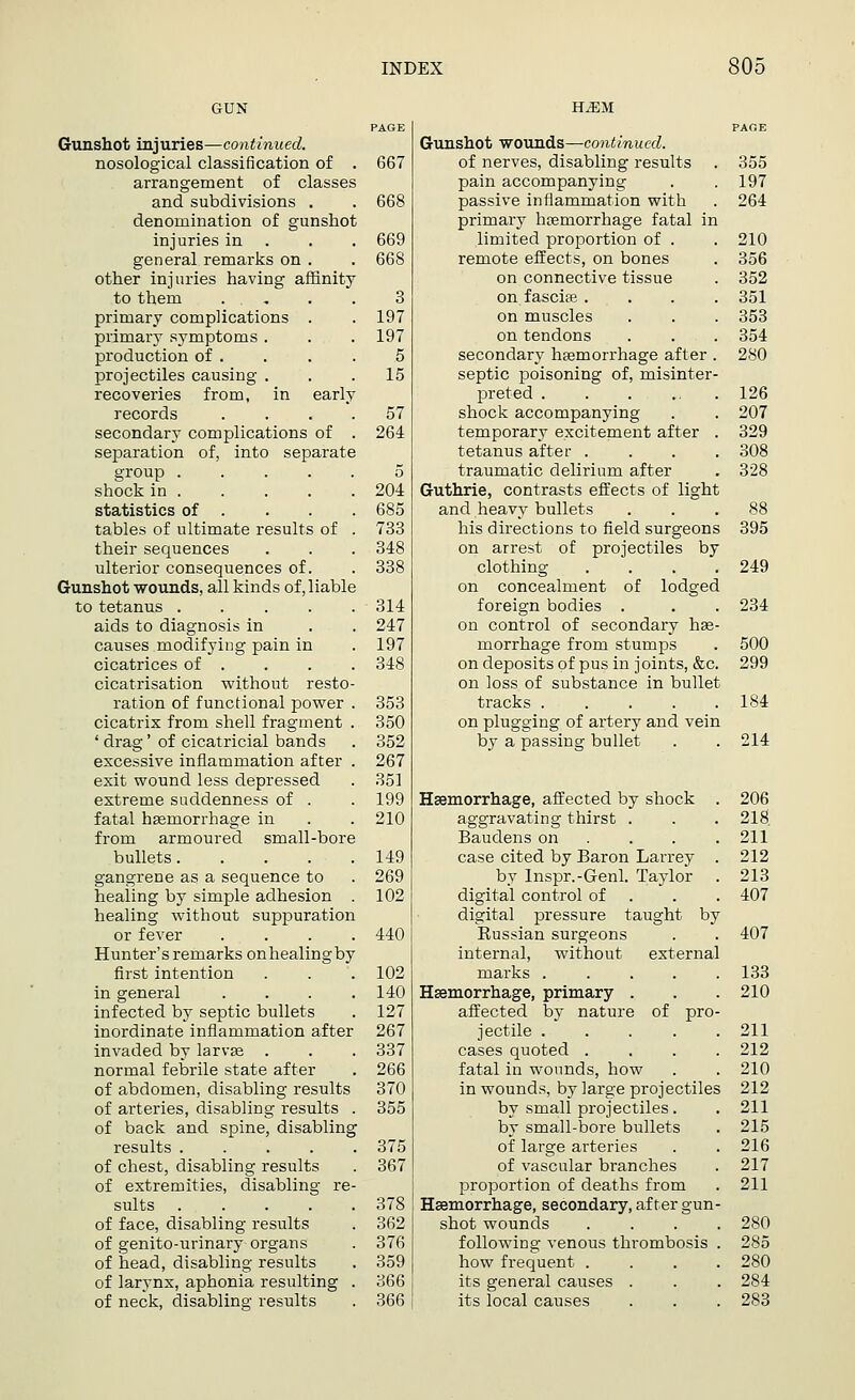 GUN PAGE Gunshot injuries—continued. nosological classification of . 667 arrangement of classes and subdivisions . . 668 denomination of gunshot injuries in . . 669 general remarks on . . 668 other injuries having affinity to them .... 3 primary complications . . 197 primary symptoms . . . 197 production of . . . . 5 projectiles causing . . .15 recoveries from, in early records .... 57 secondary complications of . 264 separation of, into separate group ..... 5 shock in 204 statistics of . . . . 685 tables of ultimate results of . 733 their sequences . . . 348 ulterior consequences of. . 338 Gunshot wounds, all kinds of, liable to tetanus ..... 314 aids to diagnosis in . . 247 causes modifying pain in . 197 cicatrices of . . . . 348 cicatrisation without resto- ration of functional power . 353 cicatrix from shell fragment . 350 ' drag' of cicatricial bands . 352 excessive inflammation after . 267 exit wound less depressed . 351 extreme suddenness of . . 199 fatal haemorrhage in . . 210 from armoured small-bore bullets 149 gangrene as a sequence to . 269 healing by simple adhesion . 102 healing without suppuration or fever .... 440 Hunter's remarks onhealingby first intention . . . 102 in general . . . .140 infected by septic bullets . 127 inordinate inflammation after 267 invaded by larvae . . . 337 normal febrile state after . 266 of abdomen, disabling results 370 of arteries, disabling results . 355 of back and spine, disabling results ..... 375 of chest, disabling results . 367 of extremities, disabling re- sults 378 of face, disabling results . 362 of genito-urinary organs . 376 of head, disabling results . 359 of larynx, aphonia resulting . 366 of neck, disabling results . 366 Gunshot wounds—continued. of nerves, disabling results . 355 pain accompanying . . 197 passive inflammation with . 264 primary haemorrhage fatal in limited proportion of . . 210 remote effects, on bones . 356 on connective tissue . 352 on fasciae .... 351 on muscles . . . 353 on tendons . . . 354 secondary haemorrhage after . 280 septic poisoning of, misinter- preted 126 shock accompanying . . 207 temporary excitement after . 329 tetanus after .... 308 traumatic delirium after . 328 Guthrie, contrasts effects of light and heavy bullets ... 88 his directions to field surgeons 395 on arrest of projectiles by clothing . . . .249 on concealment of lodged foreign bodies . . . 234 on control of secondary hae- morrhage from stumps . 500 on deposits of pus in joints, &c. 299 on loss of substance in bullet tracks 184 on plugging of artery and vein by a passing bullet . . 214 Haemorrhage, affected by shock . 206 aggravating thirst . . . 218 Baudens on ... . 211 case cited by Baron Larrey . 212 by Inspr.-Genl. Taylor . 213 digital control of . . 407 digital pressure taught by Russian surgeons . . 407 internal, without external marks ..... 133 Haemorrhage, primary . . . 210 affected by nature of pro- jectile 211 cases quoted .... 212 fatal in wonnds, how . . 210 in wounds, by large projectiles 212 by small projectiles. . 211 by small-bore bullets . 215 of large arteries . . 216 of vascular branches . 217 proportion of deaths from . 211 Haemorrhage, secondary, after gun- shot wounds .... 280 following venous thrombosis . 285 how frequent .... 280 its general causes . . . 284 its local causes . . . 283