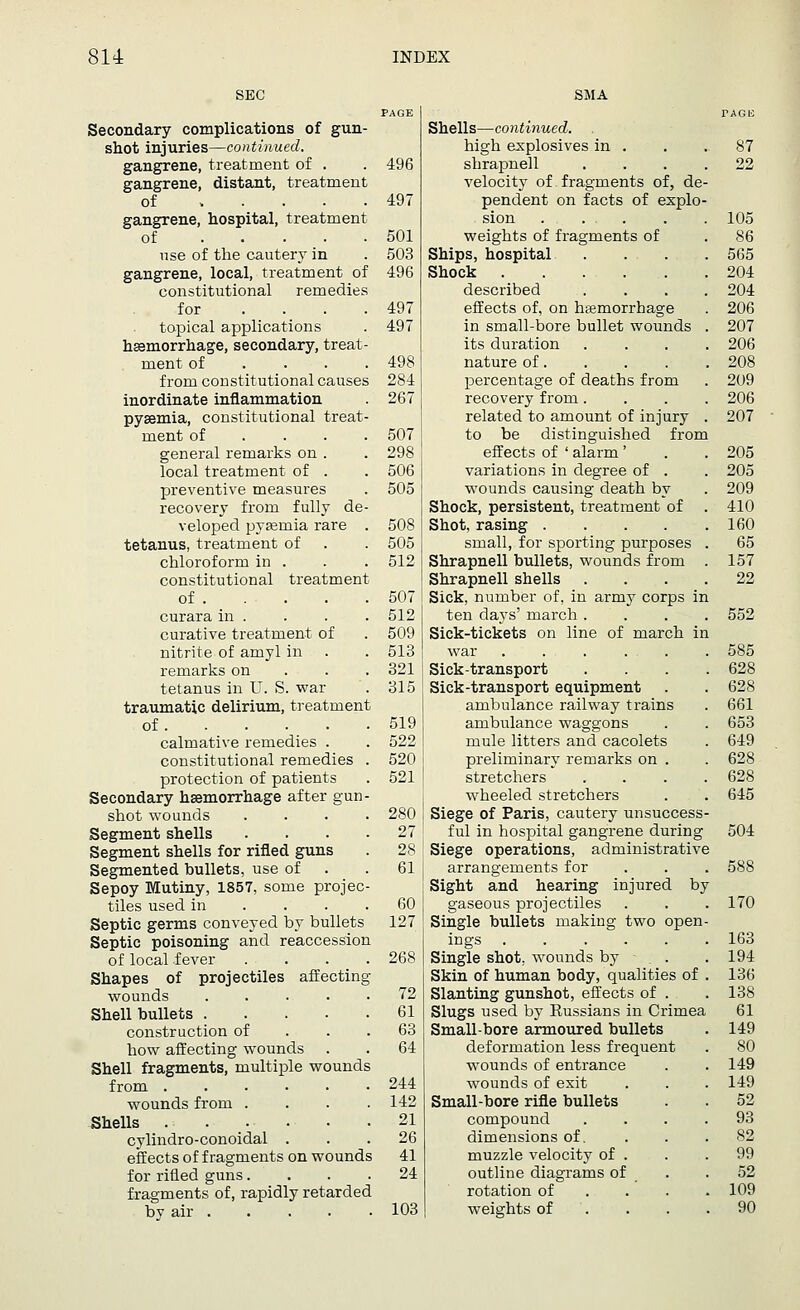 SEC PAGE Secondary complications of gun- shot injuries—continued. gangrene, treatment of . . 496 gangrene, distant, treatment of 497 gangrene, hospital, treatment of 501 use of the cautery in . 503 gangrene, local, treatment of 496 constitutional remedies for ... . 497 topical applications . 497 hemorrhage, secondary, treat- ment of . . . .498 from constitutional causes 284 inordinate inflammation . 267 pyemia, constitutional treat- ment of ... . 507 general remarks on . . 298 local treatment of . . 506 preventive measures . 505 recovery from fully de- veloped pyeemia rare . 508 tetanus, treatment of . . 505 chloroform in . . . 512 constitutional treatment of 507 curara in . . . . 512 curative treatment of . 509 nitrite of amyl in . . 513 remarks on 321 tetanus in U. S. war . 315 traumatic delirium, treatment of 519 calmative remedies . . 522 constitutional remedies . 520 protection of patients . 521 Secondary haemorrhage after gun- shot wounds .... 280 Segment shells . . . .27 Segment shells for rifled guns . 28 Segmented bullets, use of .61 Sepoy Mutiny, 1857, some projec- tiles used in .... 60 Septic germs conveyed by bullets 127 Septic poisoning and reaccession of local fever .... 268 Shapes of projectiles affecting- wounds ..... 72 Shell bullets 61 construction of . .63 how affecting wounds . . 64 Shell fragments, multiple wounds from 244 wounds from .... 142 Shells 21 cylindro-conoidal ... 26 effects of fragments on wounds 41 for rifled guns.... 24 fragments of, rapidly retarded bv air 103 SMA TAGH Shells—continued. high explosives in . . .87 sbrapnell .... 22 velocity of fragments of, de- pendent on facts of explo- sion 105 weights of fragments of . 86 Ships, hospital . ... . 565 Shock . . ... .204 described .... 204 effects of, on hemorrhage . 206 in small-bore bullet wounds . 207 its duration .... 206 nature of 208 percentage of deaths from . 209 recovery from.... 206 related to amount of injury . 207 to be distinguished from effects of ' alarm' . . 205 variations in degree of . . 205 wounds causing death by . 209 Shock, persistent, treatment of . 410 Shot, rasing 160 small, for sporting purposes . 65 Shrapnell bullets, wounds from . 157 Shrapnell shells .... 22 Sick, number of, in army corps in ten days' march .... 552 Sick-tickets on line of march in war ...... 585 Sick-transport .... 628 Sick-transport equipment . . 628 ambulance railway trains . 661 ambulance waggons . . 653 mule litters and cacolets . 649 preliminary remarks on . . 628 stretchers .... 628 wheeled stretchers . . 645 Siege of Paris, cautery unsuccess- ful in hospital gangrene during 504 Siege operations, administrative arrangements for . . . 588 Sight and hearing injured by gaseous projectiles . . . 170 Single bullets making two open- ings ...... 163 Single shot, wounds by . .194 Skin of human body, qualities of . 136 Slanting gunshot, effects of . .138 Slugs used by Russians in Crimea 61 Small-bore armoured bullets . 149 deformation less frequent . 80 wounds of entrance . . 149 wounds of exit . . . 149 Small-bore rifle bullets . . 52 compound .... 93 dimensions of. . . .82 muzzle velocity of . . .99 outline diagrams of . .52 rotation of ... . 109 weights of . . .90