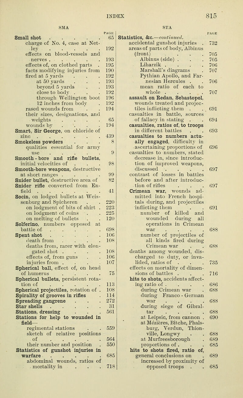SMA PAGE Small shot 65 charge of No. 4, case at Net- ley 192 effects on blood-vessels and nerves 193 effects of, on clothed parts . 195 facts modifying injuries from 190 fired at 5 yards . . .192 at 50 yards . . .193 beyond 5 yards . .193 close to body . . . 192 through Wellington boot 196 12 inches from body . 192 rased wounds from . . 194 their sizes, designations, and weights .... 65 wounds by . . . .194 Smart, Sir George, on chloride of zinc 439 Smokeless powders ... 8 qualities essential for army use ..... 9 Smooth - bore and rifle bullets, initial velocities of . .98 Smooth-bore weapons, destructive at short ranges .... 99 Snider bullet, destructive area of 82 Snider rifle converted from En- field .... .41 Socin, on lodged bullets at Weis- senburg and Spicheren . . 220 on lodgment of bits of shirt . 223 on lodgment of coins . . 225 on melting of bullets . . 120 Solferino, numbers opposed at battle of 698 Spent shot 106 death from . . . .108 deaths from, rarer with elon- gated shot . . . .108 effects of, from guns . . 106 injuries from .... 107 Spherical ball, effect of, on head of humerus .... 75 Spherical bullets, persistent rota- tion of 113 Spherical projectiles, rotation of . 108 Spirality of grooves in rifles 114 Spreading gangrene . . . 272 Star shells 31 Stations, dressing . . . 561 Stations for help to wounded in field- regimental stations . . 559 sketch of relative positions of 564 their number and position . 550 Statistics of gunshot injuries in warfare 685 abdominal wounds, ratios of mortality in . . .718 STA PAGE Statistics, &c.—continued. accidental gunshot injuries . 732 areas of parts of body, Albinus (front) . . . 705 Albinus (side) . . . 705 Liharzik .... 706 Marshall's diagrams . 707 Pythian Apollo, and Far- nesian Hercules . . 706 mean ratio of each to whole .... 707 assault on Redan, Sebastopol, wounds treated and projec- tiles inflicting them . . 691 casualties in battle, sources of fallacy in stating . . 694 casualties, ratios of, to troops in different battles . . 693 casualties to numbers actu- ally engaged, difficulty in ascertaining proportions of 696 casualties to numbers, stated decrease in, since introduc- tion of improved weapons, discussed .... 697 contrast of losses in battles before and after introduc- tion of rifles . . . 697 Crimean war, wounds ad- mitted into French hospi- tals during, and projectiles inflicting them . . 691 number of killed and wounded during all operations in Crimean war . . . .688 number of projectiles of all kinds fired during Crimean war . . 688 deaths among wounded, dis- charged to duty, or inva- lided, ratios of . . .735 effects on mortality of dimen- sions of battles . . .716 hits to shots, accidents affect- ing ratio of . . . . 686 during Crimean war . 688 during Franco - German war . . . .688 during siege of Gibral- tar . . . .688 at Leipsic, from cannon . 690 at Mezieres, Bitche, Phals- burg, Verdun, Thion- ville, Longwy . . 688 at Murfreesborough . 689 proportions of. . . 685 hits to shots fired, ratio of, general conclusions on . 689 increased by proximity of opposed troops . . 685