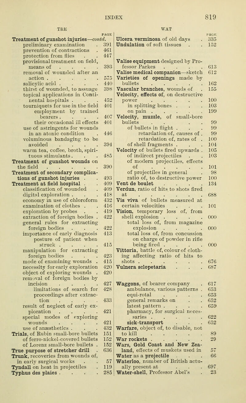PAGE Treatment of gunshot injuries—contd. preliminary examination . 391 prevention of contractions . 461 protection from flies . . 447 provisional treatment on field, means of ... 393 removal of wounded after an action ..... 575 salicylic acid .... 440 thirst of wounded, to assuage 398 topical applications in Conti- nental hospitals . . . 452 tourniquets for use in the field 401 employment by trained bearers.... 407 their occasional ill effects 401 use of astringents for wounds in an atonic condition . 446 voluminous bandaging to be avoided .... 394 warm tea, coffee, broth, spiri- tuous stimulants. . . 485 Treatment of gunshot wounds on the field 390 Treatment of secondary complica- tions of gunshot injuries . . 493 Treatment at field hospital . . 409 classification of wounded . 409 digital exploration . . . 418 economy in use of chloroform 432 examination of clothes . . 416 exploration by probes . . 419 extraction of foreign bodies . 422 general rules for extracting foreign bodies . . . 422 importance of early diagnosis 413 posture of patient when struck .... 415 manipulation for extracting foreign bodies . . . 423 mode of examining wounds . 415 necessity for early exploration 420 object of exploring wounds . 420 removal of foreign bodies by incision .... 427 limitations of search for 428 proceedings after extrac- tion . . . .433 result of neglect of early ex- ploration .... 421 special modes of exploring wounds .... 421 use of anaesthetics . . . 432 Trials, of Rubin small-bore bullets 151 of f erro-nickel-covered bullets 152 of Lorenz small-bore bullets . 152 True purpose of stretcher drill . 636 Trunk, recoveries from wounds of, in early surgical works . . 57 Tyndall on heat in projectiles . 119 Typhus des plaies .... 285 WAT PAGE Ulcera verminosa of old days . 335 Undulation of soft tissues . .152 Valise equipment designed by Pro- fessor Parkes . . . .613 Valise medical companion—sketch 612 Varieties of openings made by bullets 162 Vascular branches, wounds of .155 Velocity, effects of, on destructive power ..... 100 in splitting bones . . . 103 on pain 199 Velocity, muzzle, of small-bore bullets . . 99 of bullets in flight ... 99 retardation of, causes of . 99 retardation of, rates of . 100 of shell fragments . . . 104 Velocity of bullets fired upwards . 105 of indirect projectiles . . 103 of modern projectiles, effects of 101 of projectiles in general . 98 ratio of, to destructive power 100 Vent de boulet .... 134 Verdun, ratio of hits to shots fired at 688 Vis viva of bullets measured at certain velocities . . . 101 Vision, temporary loss of, from shell explosion .... 000 total loss of, from magazine explosion .... 000 total loss of, from concussion on charge of powder in rifle being fired .... 000 Vittoria, battle of, colour of cloth- ing affecting ratio of hits to shots 676 Vulnera sclopetaria . . . 687 Waggons, of bearer company . 617 ambulance, various patterns . 653 equi-rotal .... 653 general remarks on . . 652 latest pattern .... 659 pharmacy, for surgical neces- saries  622 sick-transport . . . 652 Warfare, object of, to disable, not to kill 89 War rockets 29 Wars, Gold Coast and New Zea- land, effects of muskets used in 57 Water as a projectile ... 66 Waterloo, number of British actu- ally present at ... 697 Water-shell, Professor Abel's . 23