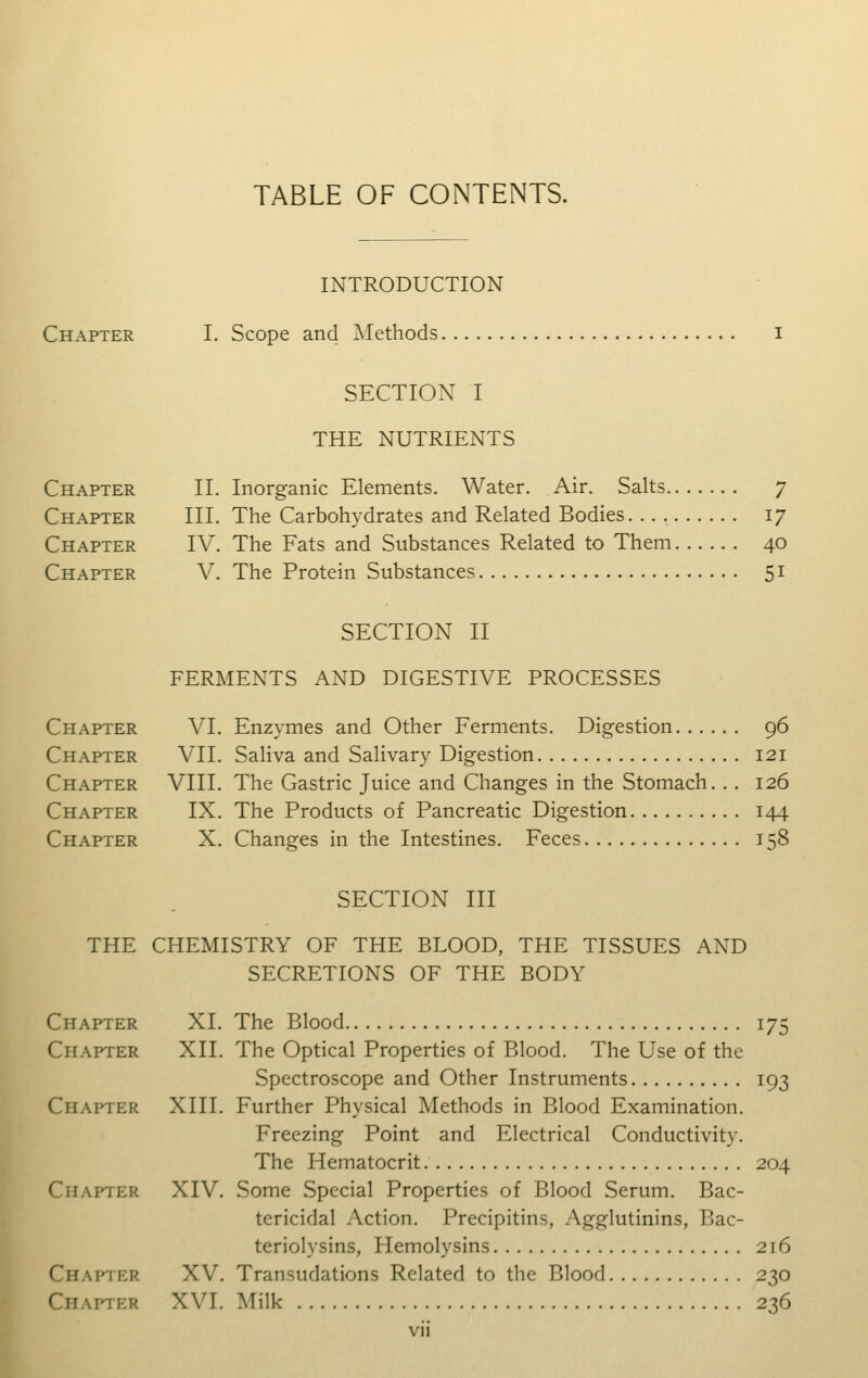 Chapter Chapter Chapter Chapter Chapter TABLE OF CONTENTS. INTRODUCTION I. Scope and Methods SECTION I THE NUTRIENTS II. Inorganic Elements. Water. Air. Salts 7 III. The Carbohydrates and Related Bodies 17 IV. The Fats and Substances Related to Them 40 V. The Protein Substances 51 SECTION II FERMENTS AND DIGESTIVE PROCESSES Chapter VI. Enzymes and Other Ferments. Digestion 96 Chapter VII. Saliva and Salivary Digestion 121 Chapter VIII. The Gastric Juice and Changes in the Stomach. . . 126 Chapter IX. The Products of Pancreatic Digestion 144 Chapter X. Changes in the Intestines. Feces 158 SECTION III THE CHEMISTRY OF THE BLOOD, THE TISSUES AND SECRETIONS OF THE BODY Chapter XL The Blood 175 Chapter XII. The Optical Properties of Blood. The Use of the Spectroscope and Other Instruments 193 Chapter XIII. Further Physical Methods in Blood Examination. Freezing Point and Electrical Conductivity. The Hematocrit 204 Chapter XIV. Some Special Properties of Blood Serum. Bac- tericidal Action. Precipitins, Agglutinins, Bac- teriolysins, Hemolysins 216 ptee XV. Transudations Related to the Blood 230 i EB XVI. Milk 236