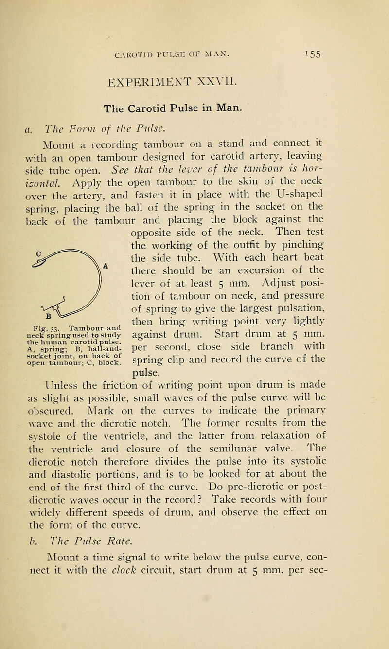 EXPERIMENT XXVIL The Carotid Pulse in Man. a. The Ponii of the Pulse. Mount a recording tambour on a stand and connect it with an open tambour designed for carotid artery, leaving side tube open. See that the lezxr of the tambour is hor- kontal. Apply the open tambour to the skin of the neck over the artery, and fasten it in place with the U-shaped spring, placing the ball of the spring in the socket on the back of the tambour and placing the block against the opposite side of the neck. Then test the working of the outfit by pinching the side tube. With each heart beat there should be an excursion of the lever of at least 5 mm. Adjust posi- tion of tambour on neck, and pressure of spring to give the largest pulsation, then bring writing point very lightly I^'ig-33- Tambour and . /- <->, , i neck spring used to study agauist drum. btart drum at 5 mm. A^sprhig*^ '^B'°ban-and- per secoud, closc side branch with open'ti±ur?c!'l'iock' Spring dip and record the curve of the pulse. Unless the friction of writing point upon drum is made as slight as possible, small waves of the pulse curve will be obscured. Mark on the curves to indicate the primary wave and the dicrotic notch. The former results from the systole of the ventricle, and the latter from relaxation of the ventricle and closure of the semilunar valve. The dicrotic notch therefore divides the pulse into its systoHc and diastolic portions, and is to be looked for at about the end of the first third of the curve. Do pre-dicrotic or post- dicrotic waves occur in the record? Take records with four widely different speeds of drum, and observe the effect on the form of the curve. h. The Pulse Rate. Mount a time signal to write below the pulse curve, con- nect it with the clock circuit, start drum at 5 mm. per sec-