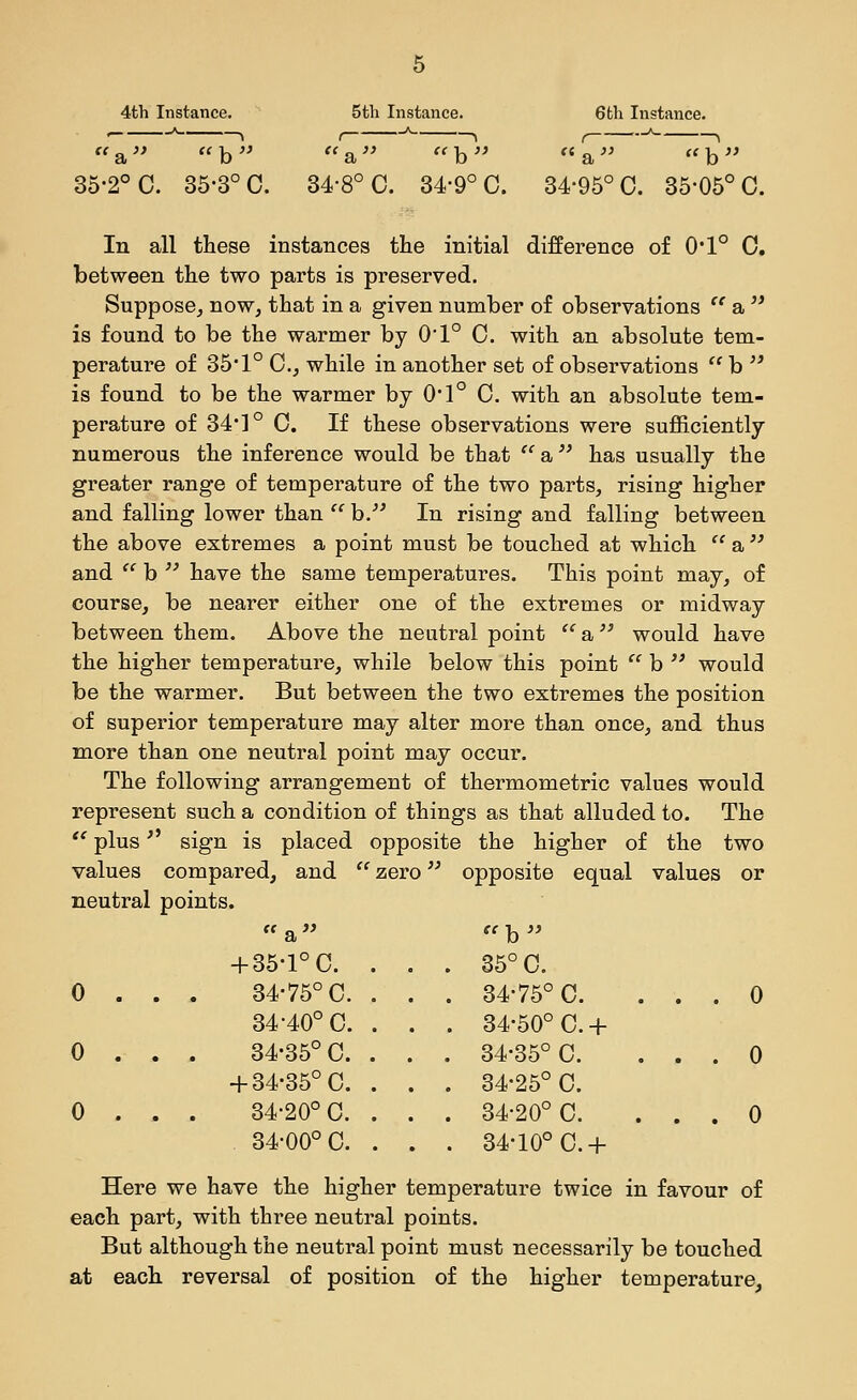 4th Instance. 5th Instance , ' a 35-2° 0. 35-3° C. 34-8° 0. 34-9° C 6 th Instance. f -^ , 34-95° 0. 35-05° 0. In all these instances the initial difference of 0*1° 0. between the two parts is preserved. Suppose, now, that in a given number of observations  a  is found to be the warmer by 0-1° 0. with an absolute tem- perature of 35*1° C, while in another set of observations  b  is found to be the warmer by 0-1° 0. with an absolute tem- perature of 34*]° C. If these observations were sufficiently numerous the inference would be that  a  has usually the greater range of temperature of the two parts, rising higher and falling lower than  h. In rising and falling between the above extremes a point must be touched at which  a  and  b  have the same temperatures. This point may, of course, be nearer either one of the extremes or midway between them. Above the neutral point '' a^ would have the higher temperature, while below this point  b  would be the warmer. But between the two extremes the position of superior temperatui'e may alter more than once, and thus more than one neutral point may occur. The following arrangement of thermometric values would represent such a condition of things as that alluded to. The  plus sign is placed opposite the higher of the two values compared, and  zero opposite equal values or neutral points. a b + 35-1° C. . . 35° 0. 0 . . 34-75° C. . . 34-75° C. . . 0 34-40° 0. . . . 34-50° 0.+ 0 . . 34-35° C. . . . 34-35° C. . . 0 + 34-35° 0. . . 34-25° C. 0 . . 34-20° C. . . 34-20° C. . . . 0 . 34-00° 0. . . . 34-10° 0.+ Here we have the higher temperature twice in favour of each part, with three neutral points. But although the neutral point must necessarily be touched at each reversal of position of the higher temperature.