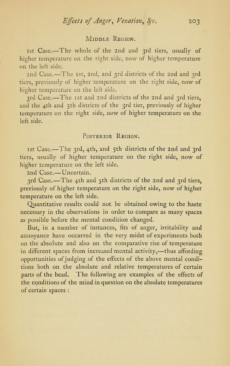 Middle Region. 1st Case.—The whole of the 2nd and 3rd tiers, usually of higher temperature on the right side, now of higher temperature on the left side. 2nd Case.—The ist, 2ndj, and 3rd districts of the 2nd and 3rd tiers, previously of higher temperature on the right side, now of higher temperature on the left side. 3rd Case.—The ist and 2nd districts of the 2nd and 3rd tiers, and the 4th and 5th districts of the 3rd tier, previously of higher temperature on the right side, now of higher temperature on the left side. Posterior Region. ist Case.—The 3rd, 4th, and 5th districts of the 2nd and 3rd tiers, usually of higher temperature on the right side, now of higher temperature on the left side. 2nd Case.—Uncertain. 3rd Case.—The 4th and 5th districts of the 2nd and 3rd tiers, previously of higher temperature on the right side, now of higher temperature on the left side. Quantitative results could not be obtained owing to the haste necessary in the observations in order to compare as many spaces as possible before the mental condition changed. But, in a number of instances, fits of anger^ irritability and annoyance have occurred in the very midst of experiments both on the absolute and also on the comparative rise of temperature in different spaces from increased mental activity,—thus affording opportunities of judging of the effects of the above mental condi- tions both on the absolute and relative temperatures of certain parts of the head. The following are examples of the effects of the conditions of the mind in question on the absolute temperatures of certain spaces :