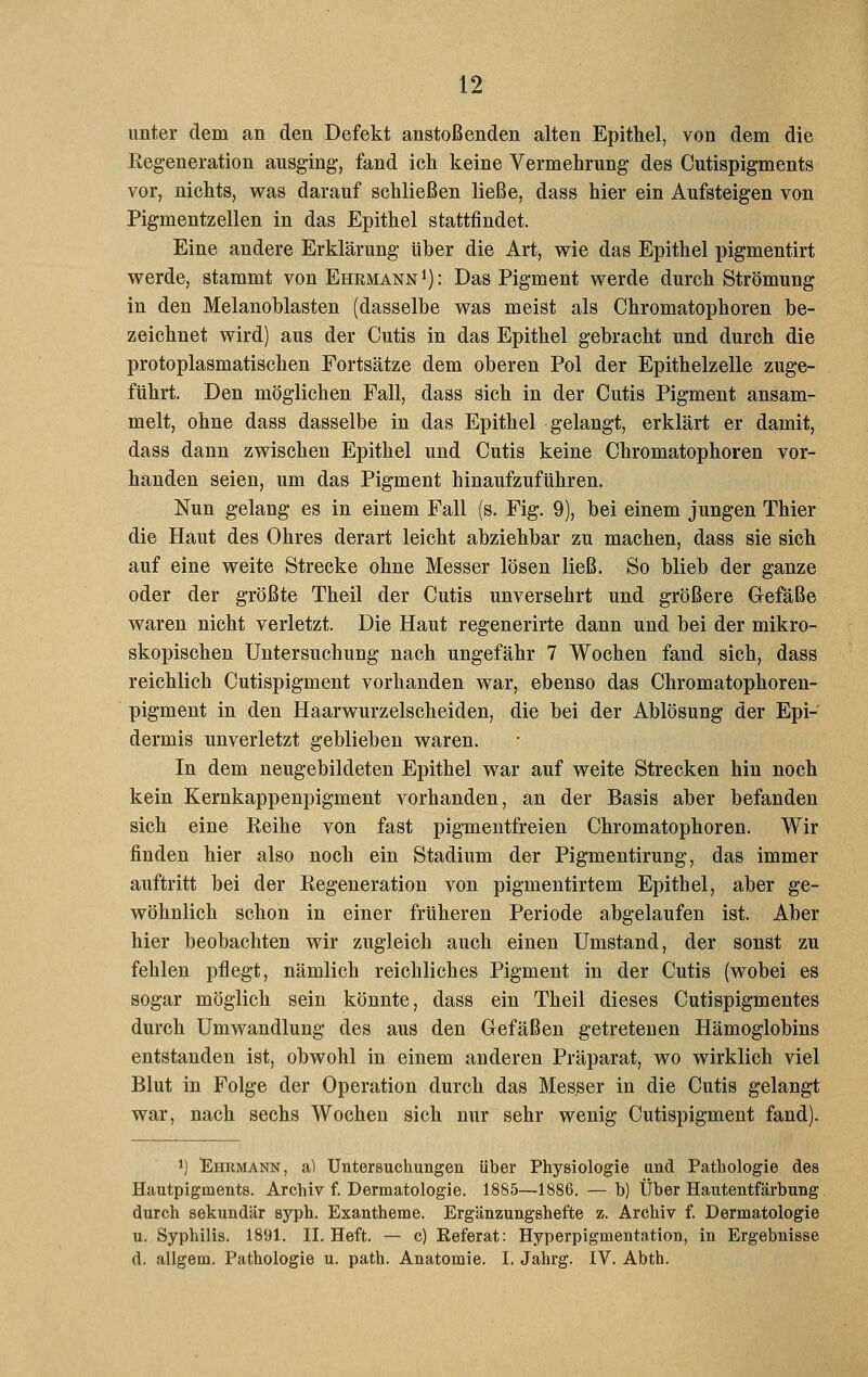 unter dem an den Defekt anstoßenden alten Epithel, von dem die Regeneration ausging, fand ich keine Vermehrung des Cutispigments vor, nichts, was darauf schließen ließe, dass hier ein Aufsteigen von Pigmentzellen in das Epithel stattfindet. Eine andere Erklärung über die Art, wie das Epithel pigmentirt werde, stammt von Ehrmann ^): Das Pigment werde durch Strömung in den Melanoblasten (dasselbe was meist als Chromatophoren be- zeichnet wird) aus der Cutis in das Epithel gebracht und durch die protoplasmatischen Fortsätze dem oberen Pol der Epithelzelle zuge- führt. Den möglichen Fall, dass sich in der Cutis Pigment ansam- melt, ohne dass dasselbe in das Epithel gelangt, erklärt er damit, dass dann zwischen Epithel und Cutis keine Chromatophoren vor- handen seien, um das Pigment hinaufzuführen. Nun gelang es in einem Fall (s. Fig. 9), bei einem jungen Thier die Haut des Ohres derart leicht abziehbar zu machen, dass sie sich auf eine weite Strecke ohne Messer lösen ließ. So blieb der ganze oder der größte Theil der Cutis unversehrt und größere Gefäße waren nicht verletzt. Die Haut regenerirte dann und bei der mikro- skopischen Untersuchung nach ungefähr 7 Wochen fand sich, dass reichlich Cutispigment vorhanden war, ebenso das Chromatophoren- pigment in den Haarwurzelscheiden, die bei der Ablösung der Epi- dermis unverletzt geblieben waren. In dem neugebildeten Epithel war auf weite Strecken hin noch kein Kernkappenpigment vorhanden, an der Basis aber befanden sich eine Reihe von fast pigmentfreien Chromatophoren. Wir finden hier also noch ein Stadium der Pigmentirung, das immer auftritt bei der Regeneration von pigmentirtem Epithel, aber ge- wöhnlich schon in einer früheren Periode abgelaufen ist. Aber hier beobachten wir zugleich auch einen Umstand, der sonst zu fehlen pflegt, nämlich reichliches Pigment in der Cutis (wobei es sogar möglich sein könnte, dass ein Theil dieses Cutispigmentes durch Umwandlung des aus den Gefäßen getretenen Hämoglobins entstanden ist, obwohl in einem anderen Präparat, wo wirklich viel Blut in Folge der Operation durch das Messer in die Cutis gelangt war, nach sechs Wochen sich nur sehr wenig Cutispigment fand). 1) Ehrmann, a) Untersuchungen über Physiologie und Pathologie des Hautpigments. Archiv f. Dermatologie. 1885—1886. — b) Über Hautentfärbung durch sekundär syph. Exantheme. Ergänzungshefte z. Archiv f. Dermatologie u. Syphilis. 1891. IL Heft. — c) Eeferat: Hyperpigmentation, in Ergebnisse d. allgem. Pathologie u. path. Anatomie. I. Jahrg. IV. Abth.